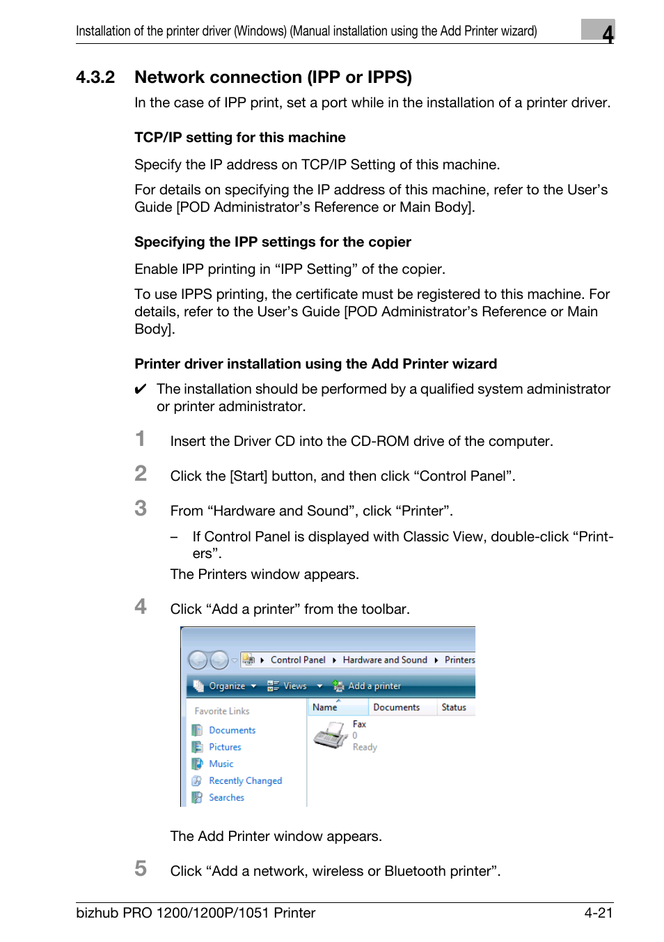 2 network connection (ipp or ipps), Tcp/ip setting for this machine, Specifying the ipp settings for the copier | Network connection (ipp or ipps) -21 | Konica Minolta bizhub PRO 1051 User Manual | Page 53 / 355
