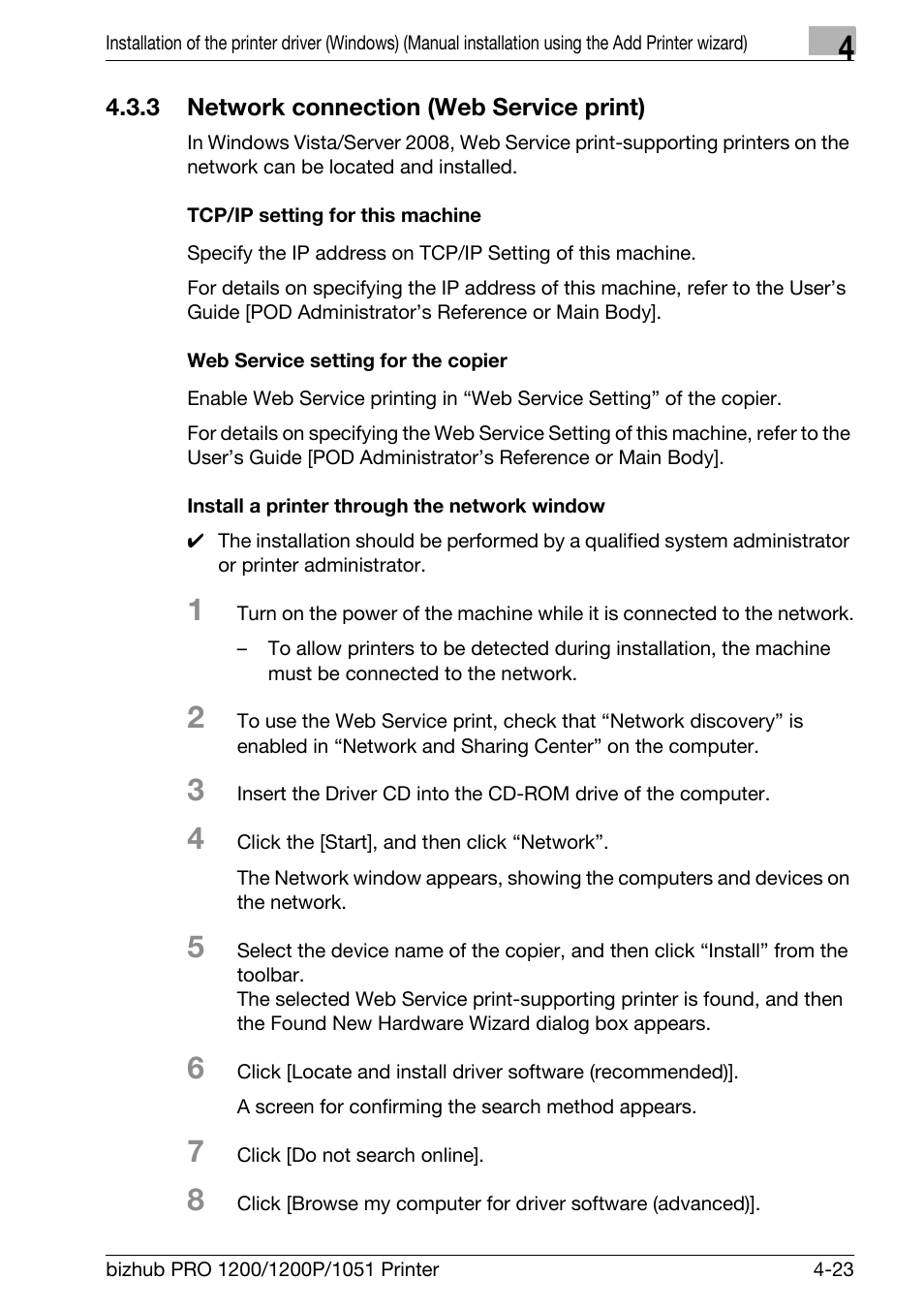 3 network connection (web service print), Tcp/ip setting for this machine, Web service setting for the copier | Install a printer through the network window, Network connection (web service print) -23 | Konica Minolta bizhub PRO 1051 User Manual | Page 55 / 355