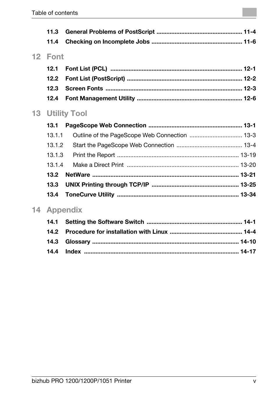 12 font, 13 utility tool, 14 appendix | Konica Minolta bizhub PRO 1051 User Manual | Page 6 / 355