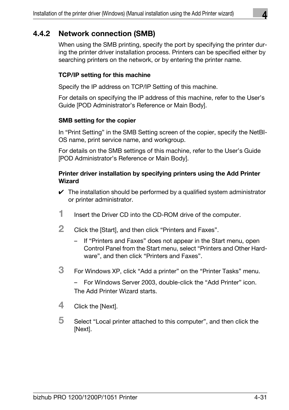 2 network connection (smb), Tcp/ip setting for this machine, Smb setting for the copier | Network connection (smb) -31 | Konica Minolta bizhub PRO 1051 User Manual | Page 63 / 355