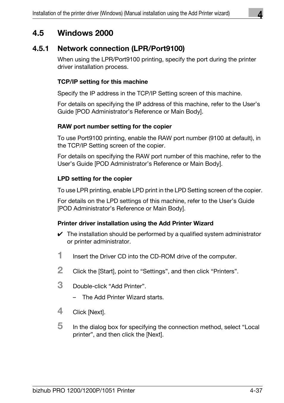 5 windows 2000, 1 network connection (lpr/port9100), Tcp/ip setting for this machine | Raw port number setting for the copier, Lpd setting for the copier, Windows 2000 -37, Network connection (lpr/port9100) -37 | Konica Minolta bizhub PRO 1051 User Manual | Page 69 / 355