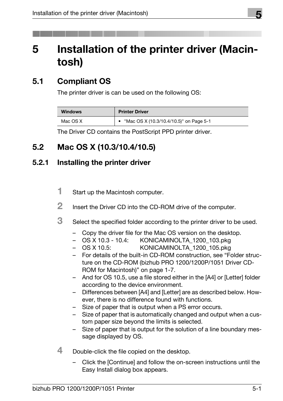 5 installation of the printer driver (macintosh), 1 compliant os, 2 mac os x (10.3/10.4/10.5) | 1 installing the printer driver, Installation of the printer driver (macintosh), Compliant os -1, Mac os x (10.3/10.4/10.5) -1, Installing the printer driver -1, 5installation of the printer driver (macin- tosh) | Konica Minolta bizhub PRO 1051 User Manual | Page 78 / 355