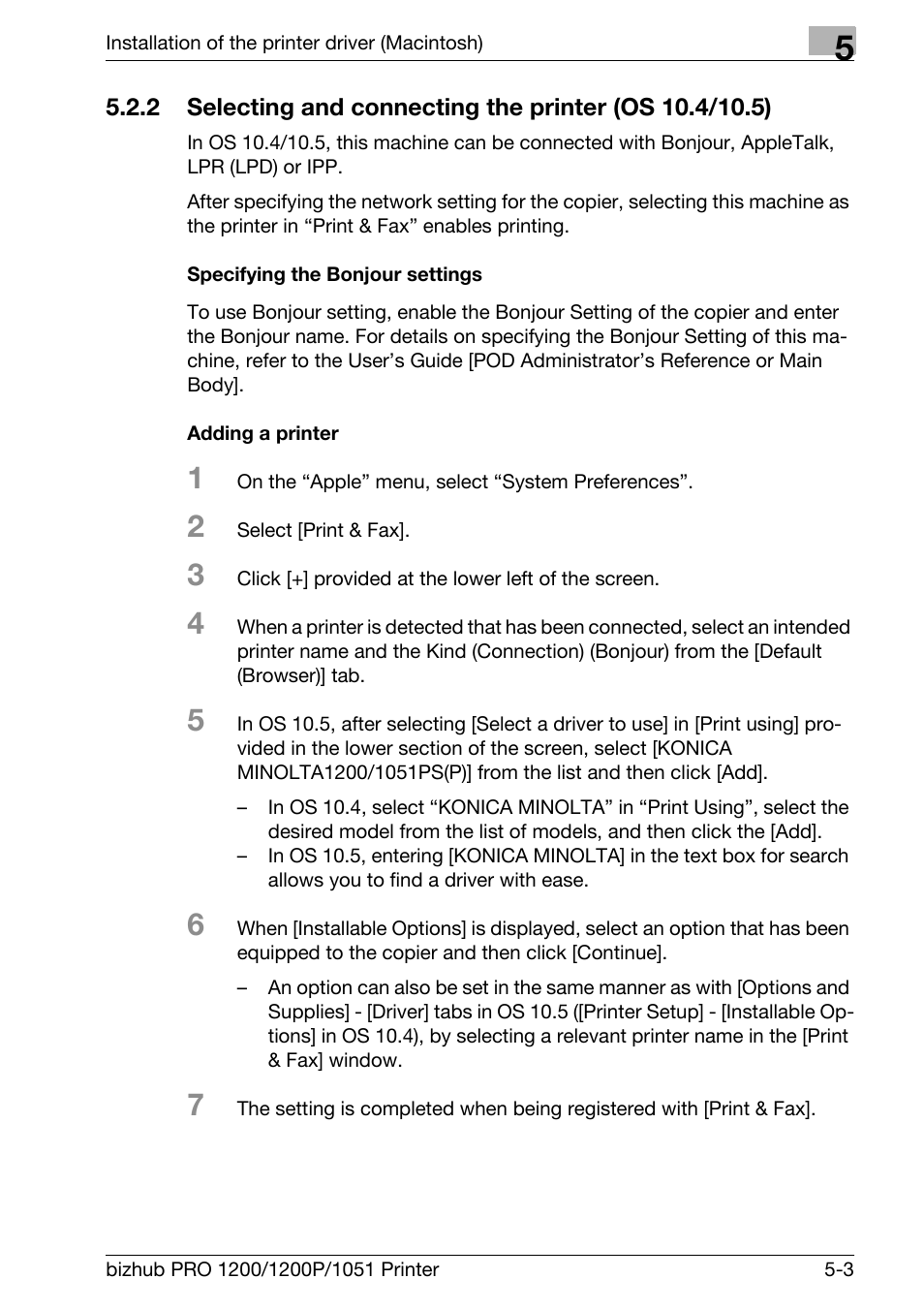Specifying the bonjour settings, Adding a printer | Konica Minolta bizhub PRO 1051 User Manual | Page 80 / 355