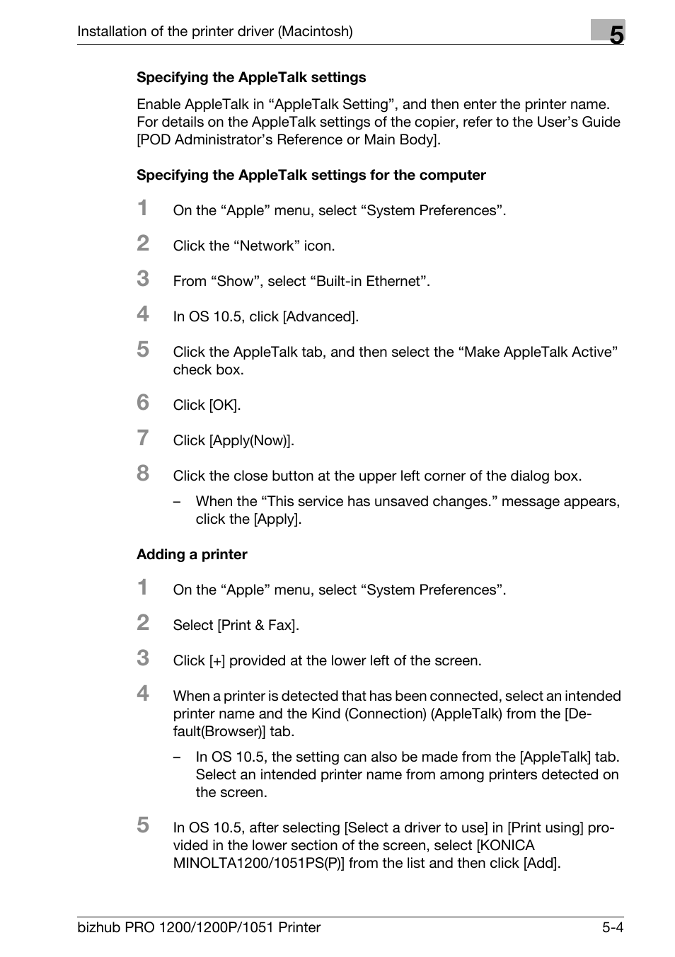 Specifying the appletalk settings, Specifying the appletalk settings for the computer, Adding a printer | Konica Minolta bizhub PRO 1051 User Manual | Page 81 / 355