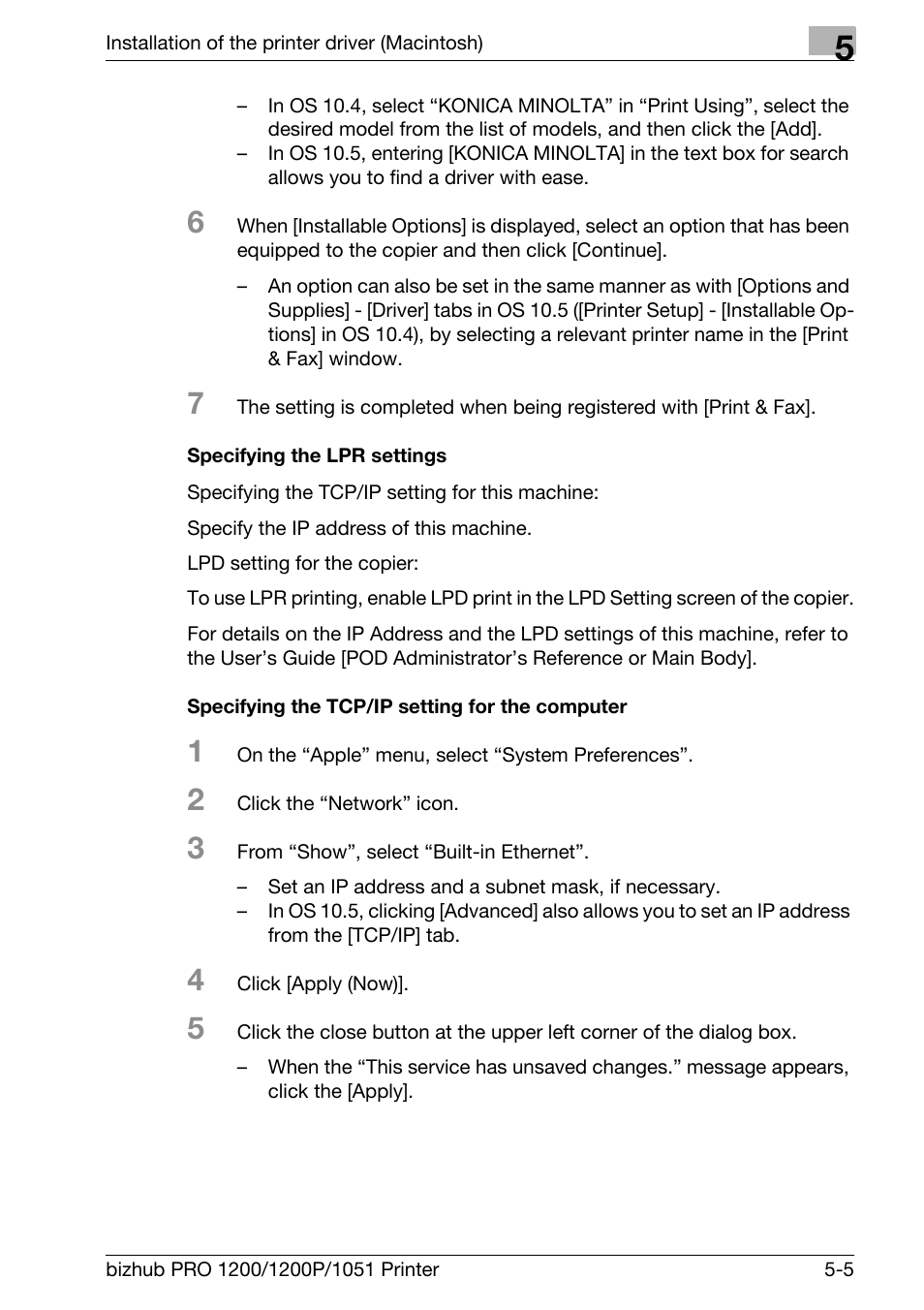 Specifying the lpr settings, Specifying the tcp/ip setting for the computer | Konica Minolta bizhub PRO 1051 User Manual | Page 82 / 355