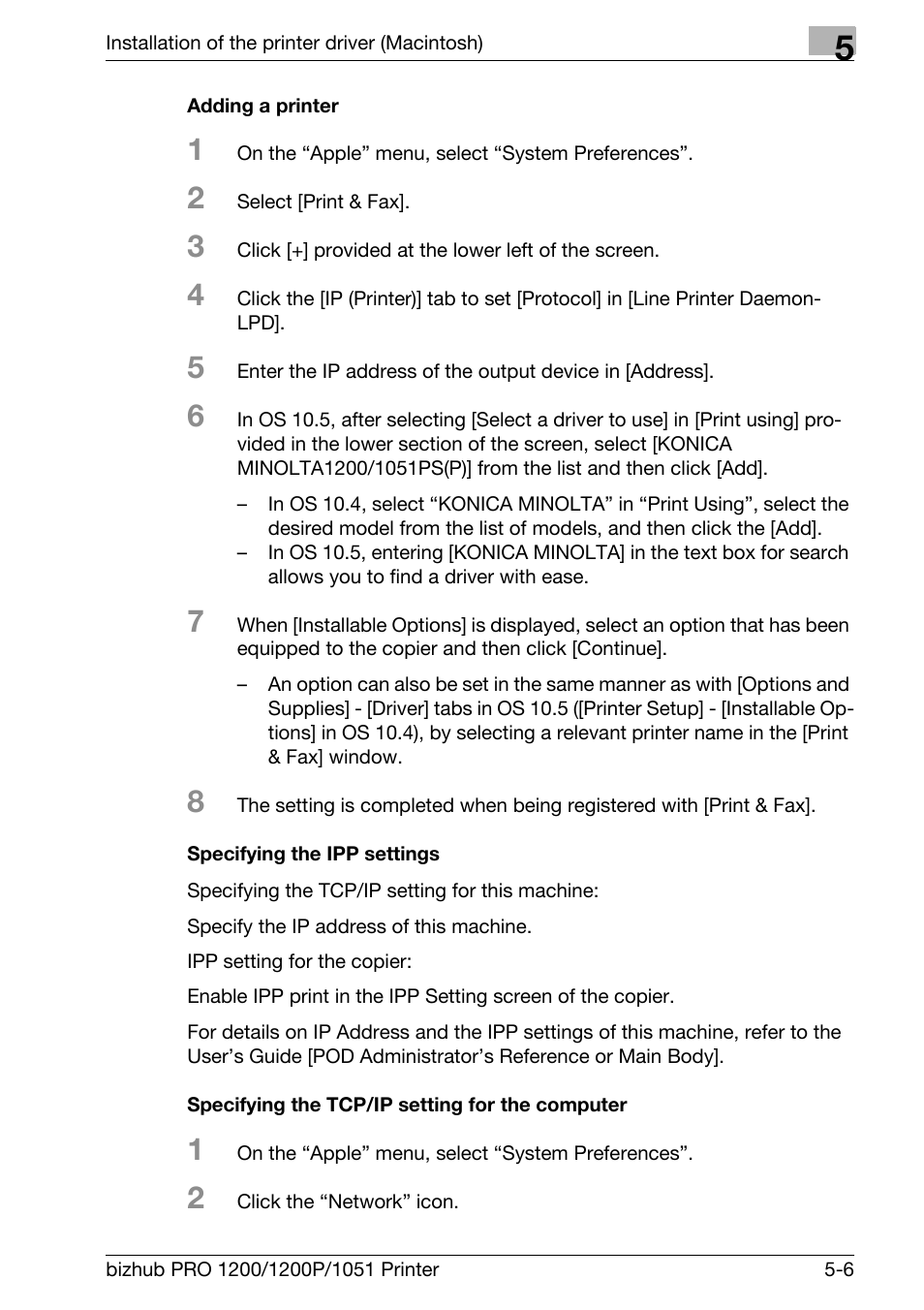 Adding a printer, Specifying the ipp settings, Specifying the tcp/ip setting for the computer | Konica Minolta bizhub PRO 1051 User Manual | Page 83 / 355