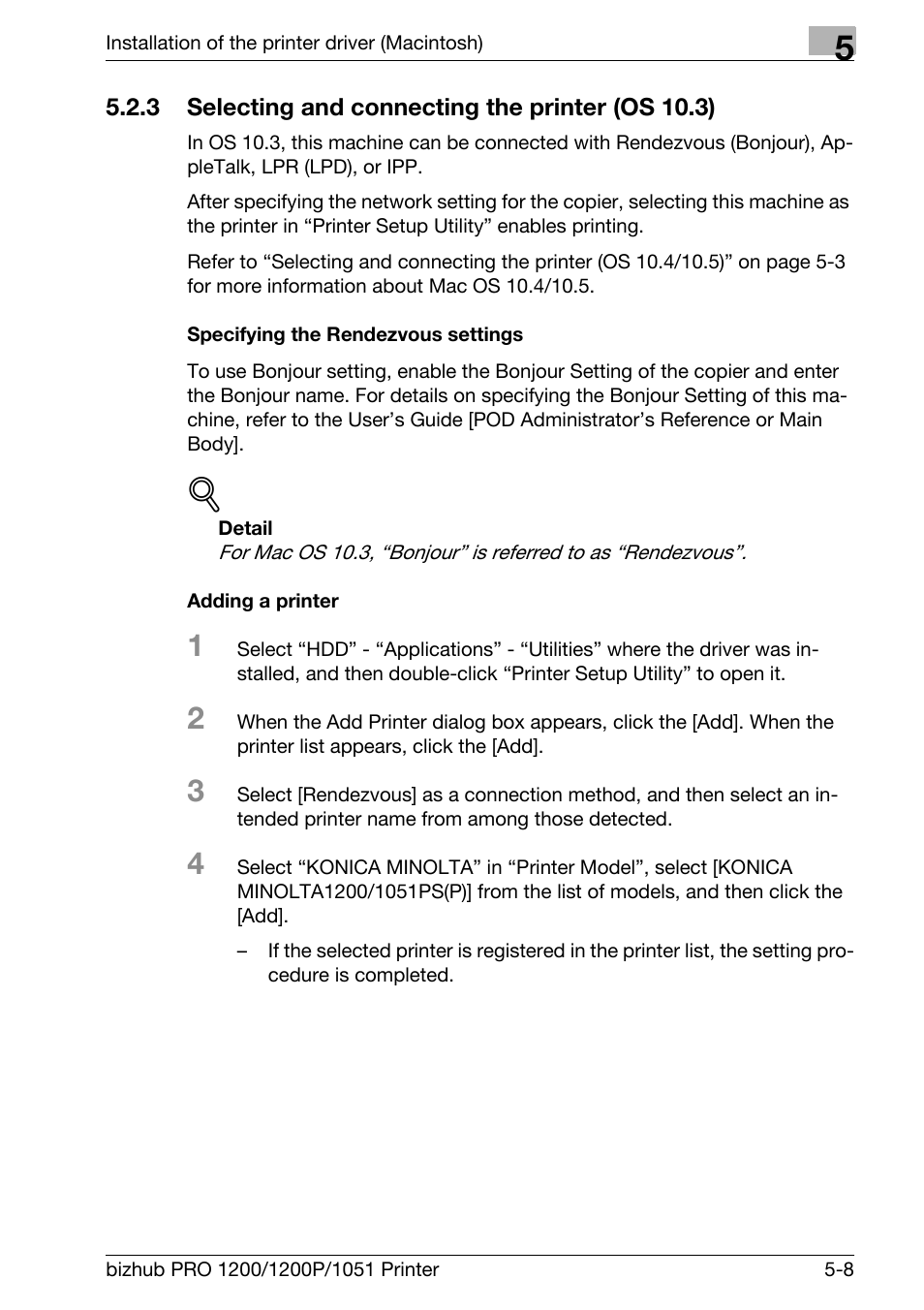 3 selecting and connecting the printer (os 10.3), Specifying the rendezvous settings, Adding a printer | Selecting and connecting the printer (os 10.3) -8 | Konica Minolta bizhub PRO 1051 User Manual | Page 85 / 355