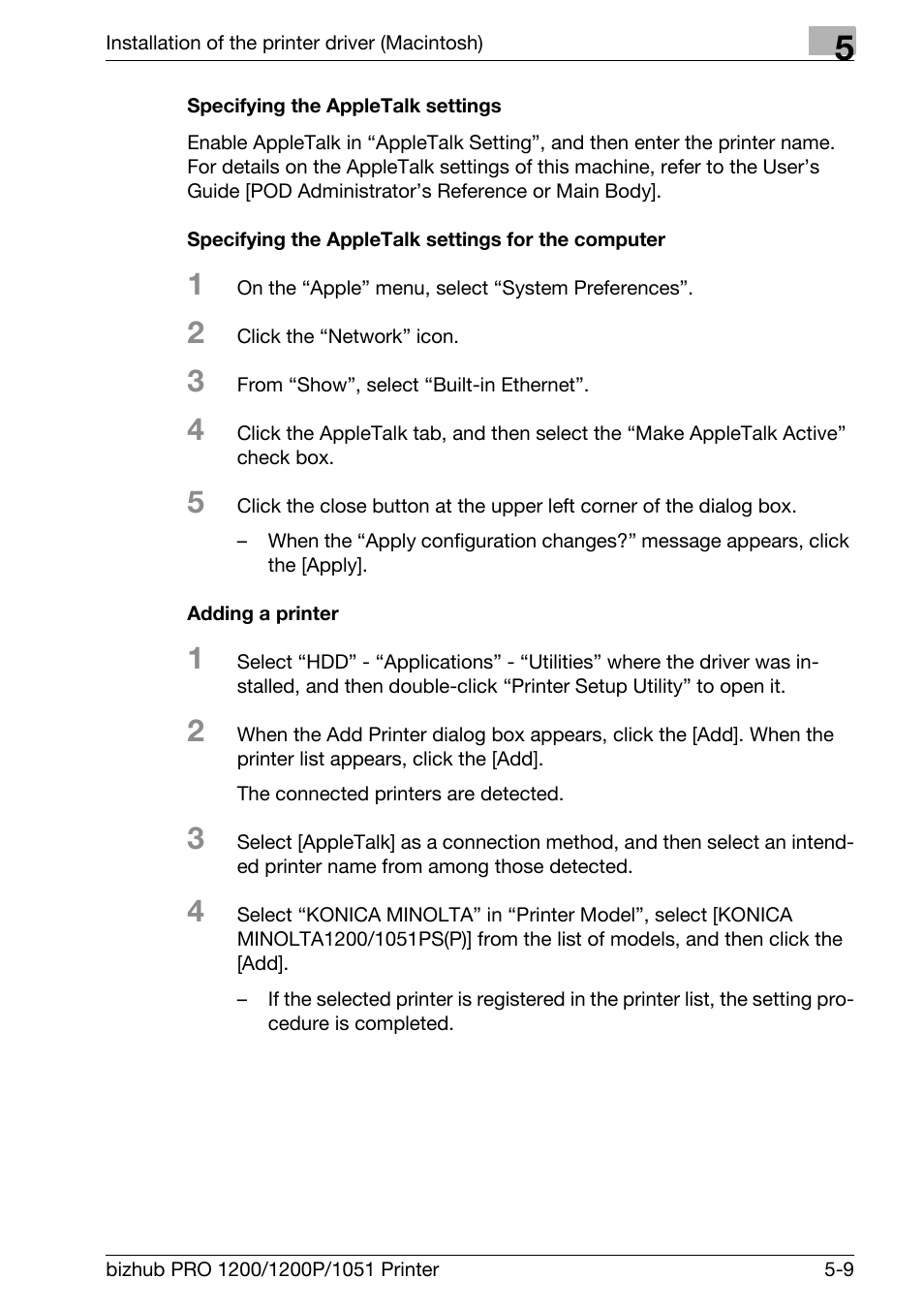 Specifying the appletalk settings, Specifying the appletalk settings for the computer, Adding a printer | Konica Minolta bizhub PRO 1051 User Manual | Page 86 / 355