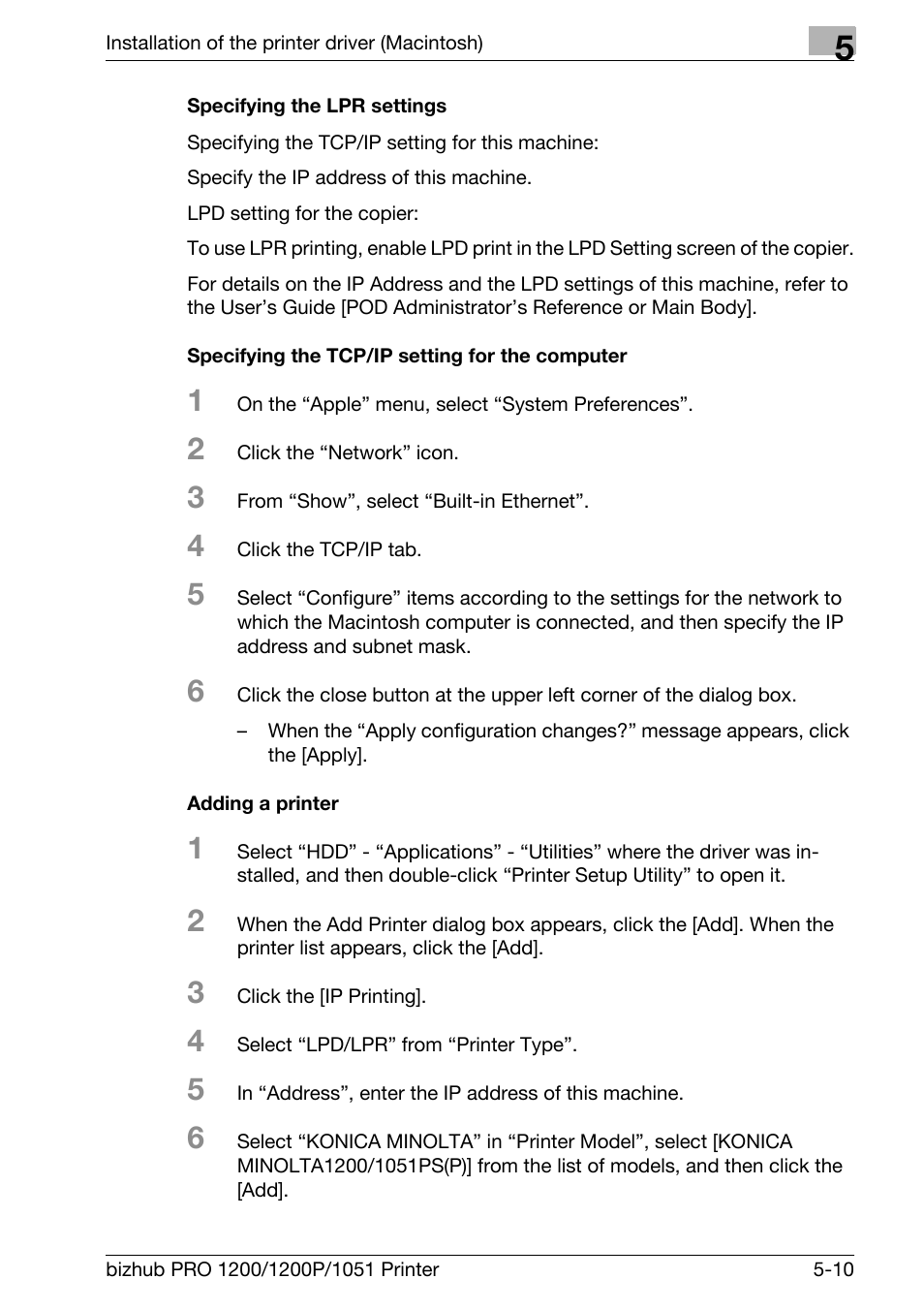 Specifying the lpr settings, Specifying the tcp/ip setting for the computer, Adding a printer | Konica Minolta bizhub PRO 1051 User Manual | Page 87 / 355