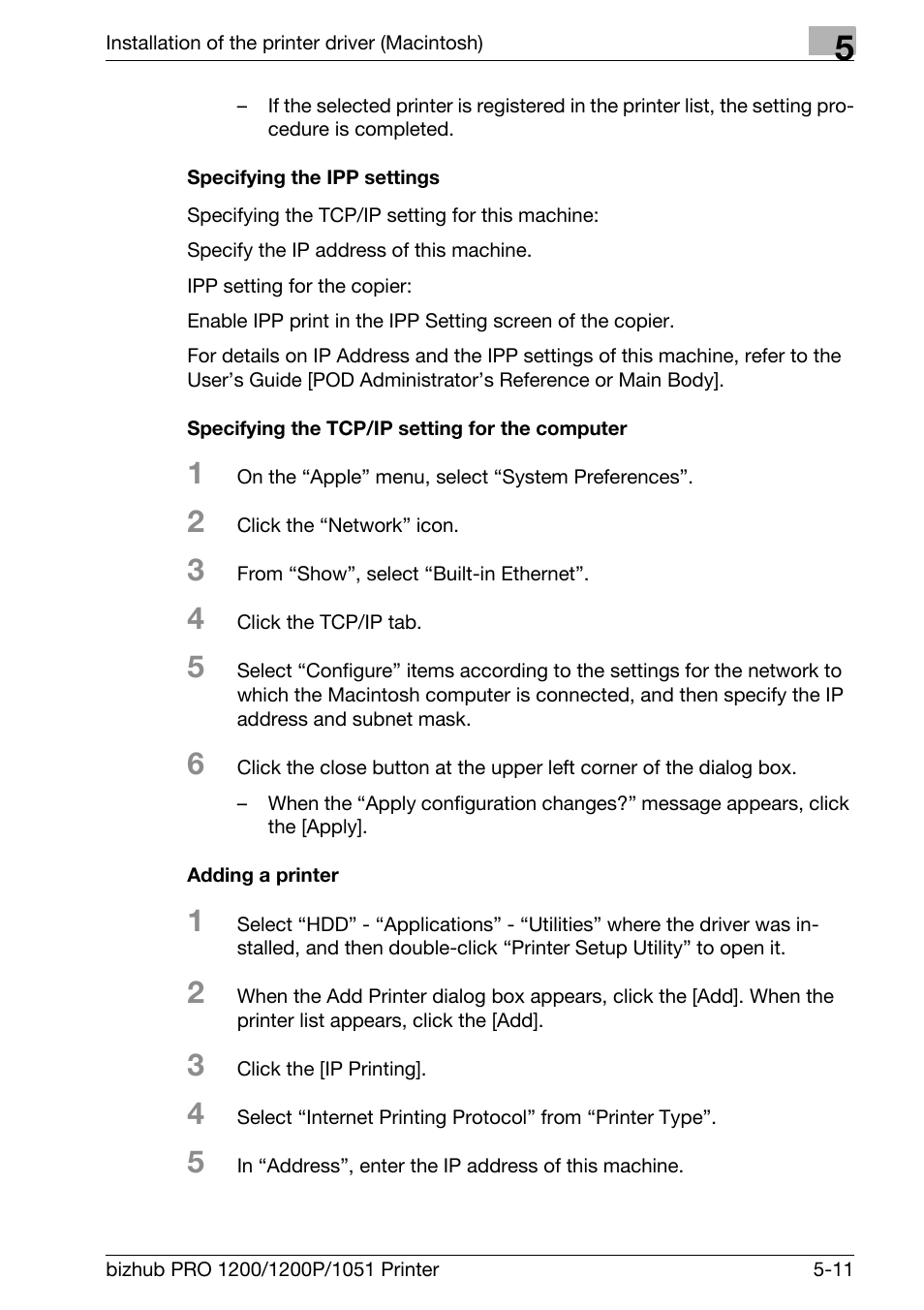 Specifying the ipp settings, Specifying the tcp/ip setting for the computer, Adding a printer | Konica Minolta bizhub PRO 1051 User Manual | Page 88 / 355