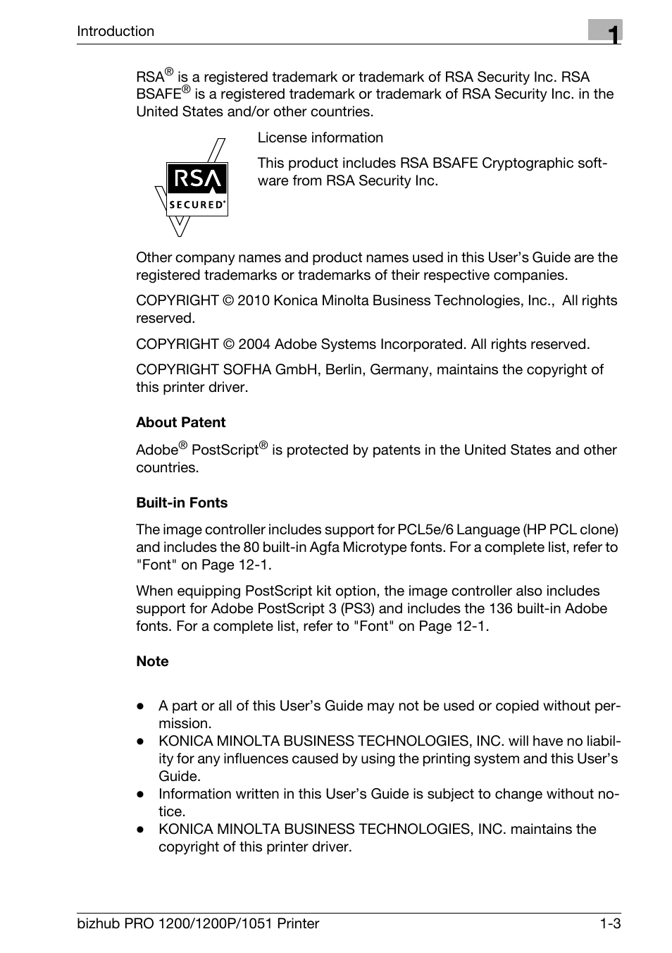 About patent, Built-in fonts, Note | Konica Minolta bizhub PRO 1051 User Manual | Page 9 / 355