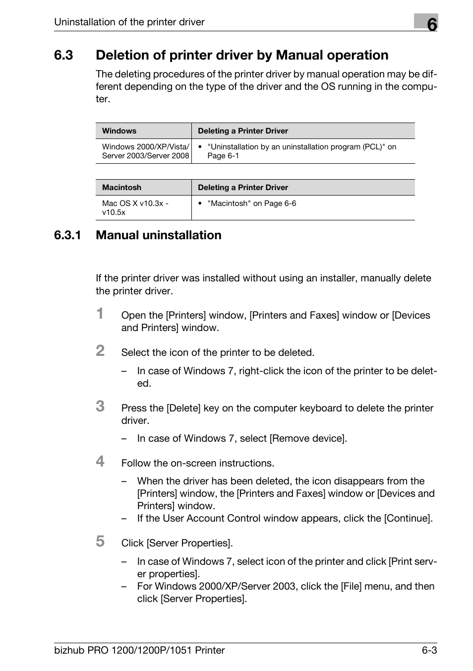 3 deletion of printer driver by manual operation, 1 manual uninstallation, Deletion of printer driver by manual operation -3 | Manual uninstallation -3 | Konica Minolta bizhub PRO 1051 User Manual | Page 93 / 355