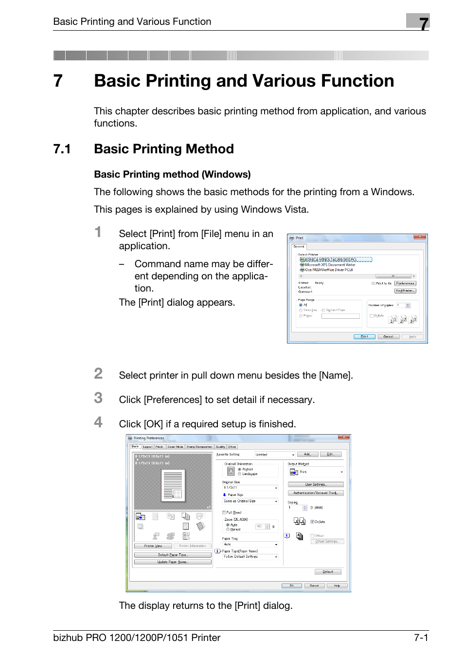 7 basic printing and various function, 1 basic printing method, Basic printing method (windows) | Basic printing and various function, Basic printing method -1, Chapter 7 basic printing and various func- tion, 7basic printing and various function | Konica Minolta bizhub PRO 1051 User Manual | Page 98 / 355