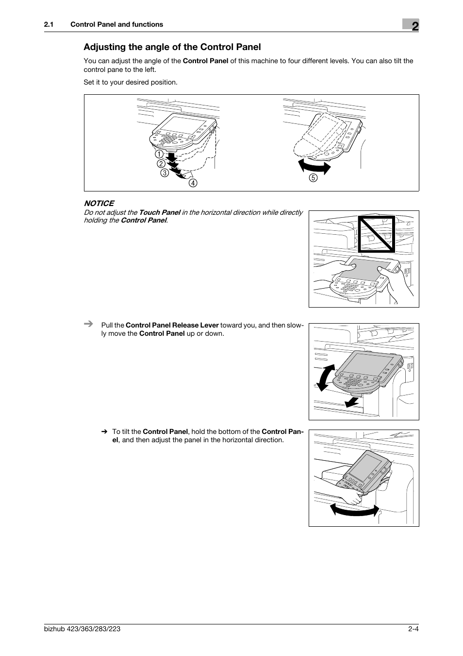 Adjusting the angle of the control panel, Adjusting the angle of the control panel -4 | Konica Minolta BIZHUB 223 User Manual | Page 12 / 60