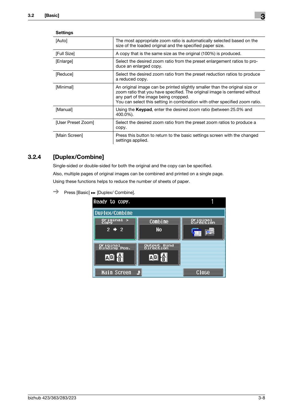 4 [duplex/combine, Duplex/combine] -8, P. 3-8 | Konica Minolta BIZHUB 223 User Manual | Page 29 / 60