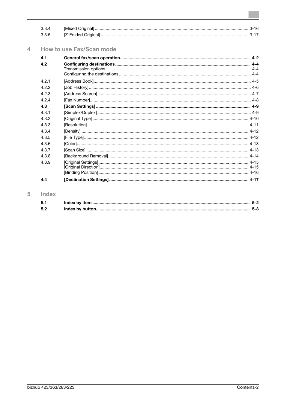 4how to use fax/scan mode, 5index | Konica Minolta BIZHUB 223 User Manual | Page 3 / 60