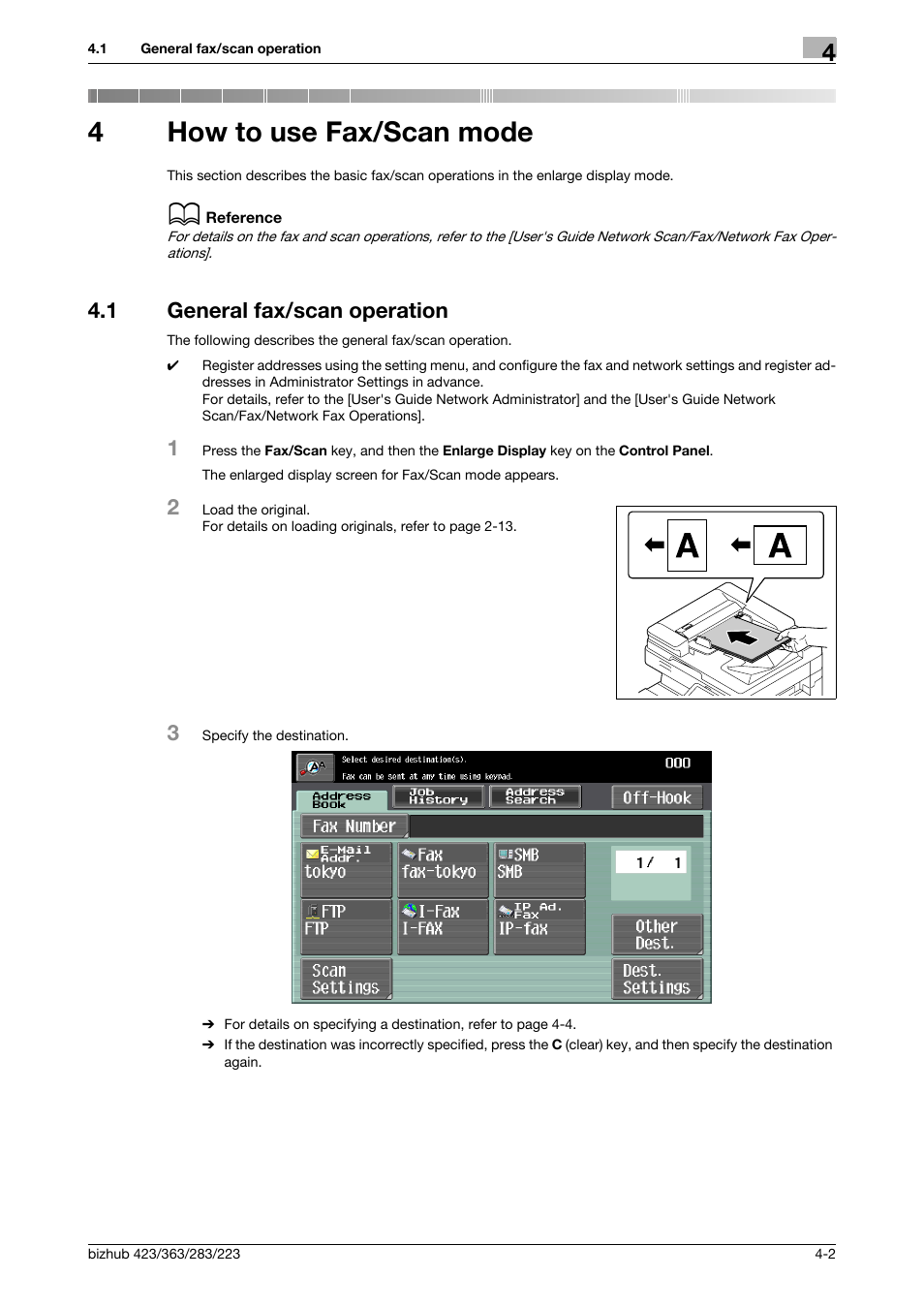 4 how to use fax/scan mode, 1 general fax/scan operation, How to use fax/scan mode | General fax/scan operation -2, 4how to use fax/scan mode | Konica Minolta BIZHUB 223 User Manual | Page 40 / 60