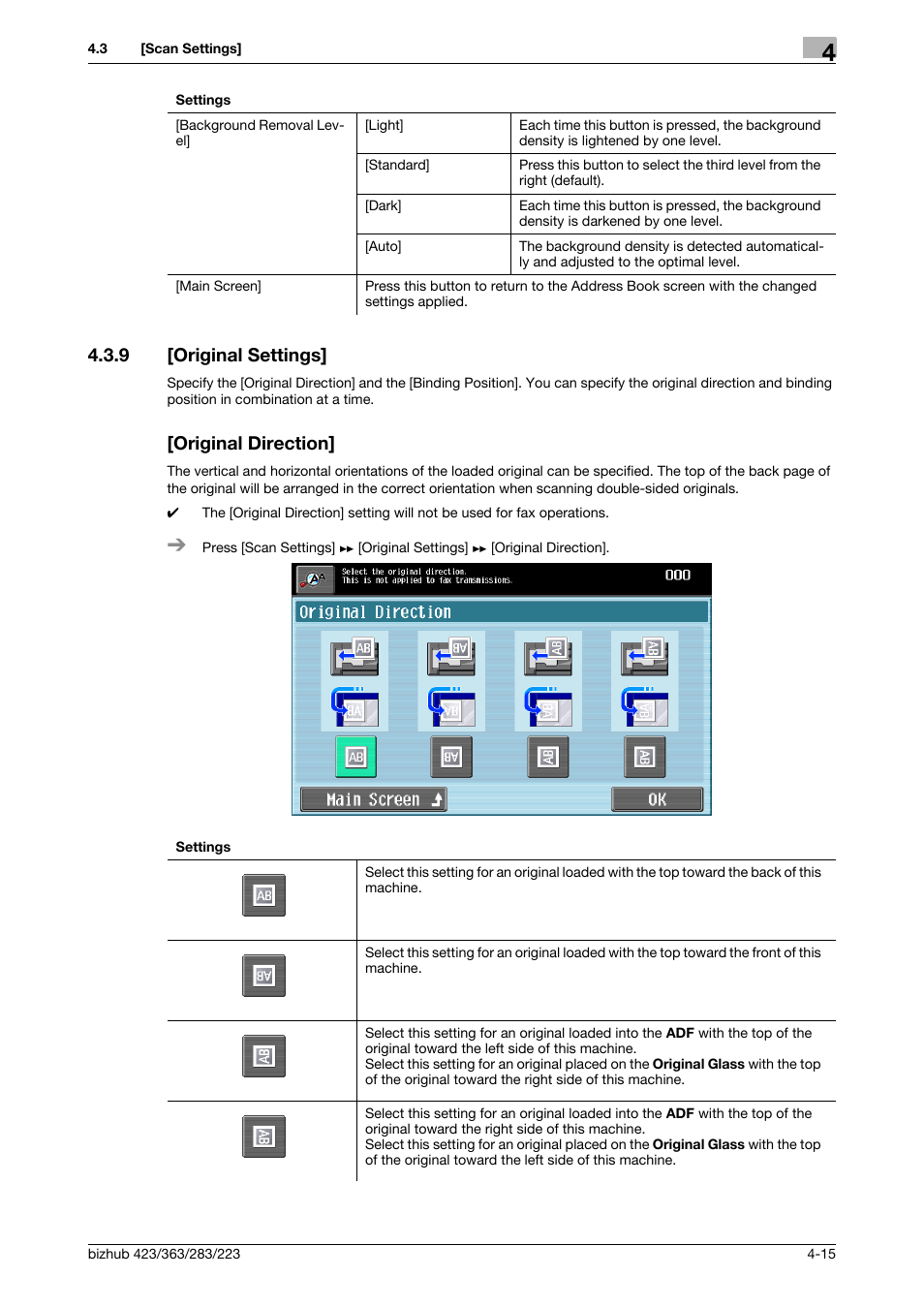 9 [original settings, Original direction, Original settings] -15 [original direction] -15 | P. 4-15 | Konica Minolta BIZHUB 223 User Manual | Page 53 / 60