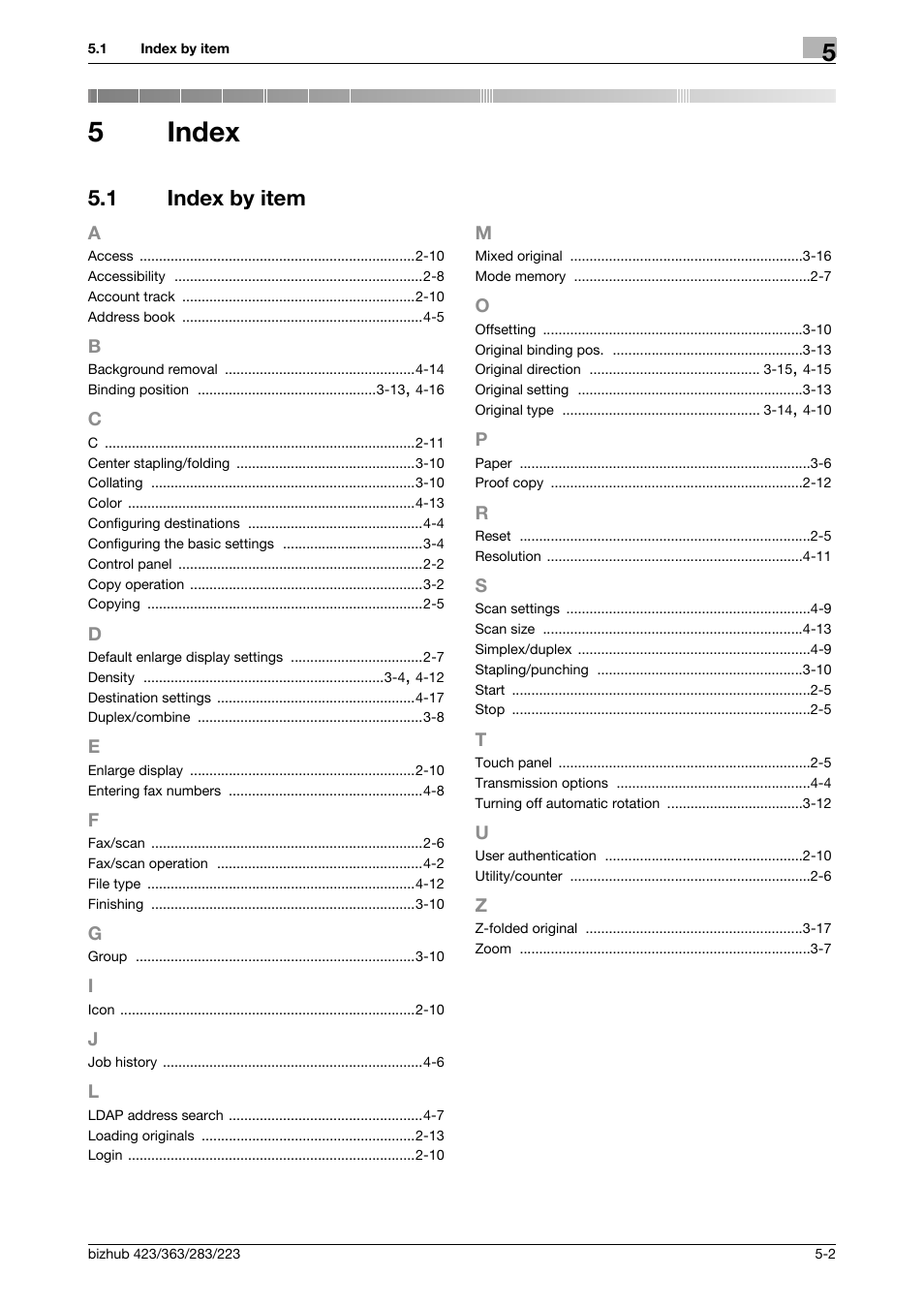 5 index, 1 index by item, Index | Index by item -2, 5index | Konica Minolta BIZHUB 223 User Manual | Page 57 / 60