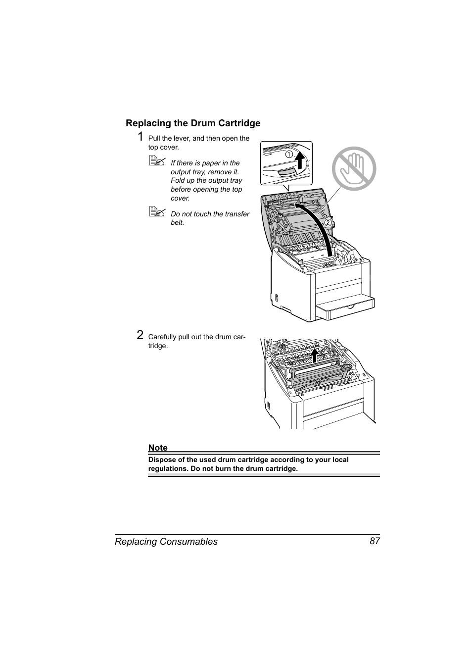 Replacing the drum cartridge, Replacing the drum cartridge 87 | Konica Minolta Magicolor 2550 User Manual | Page 101 / 174