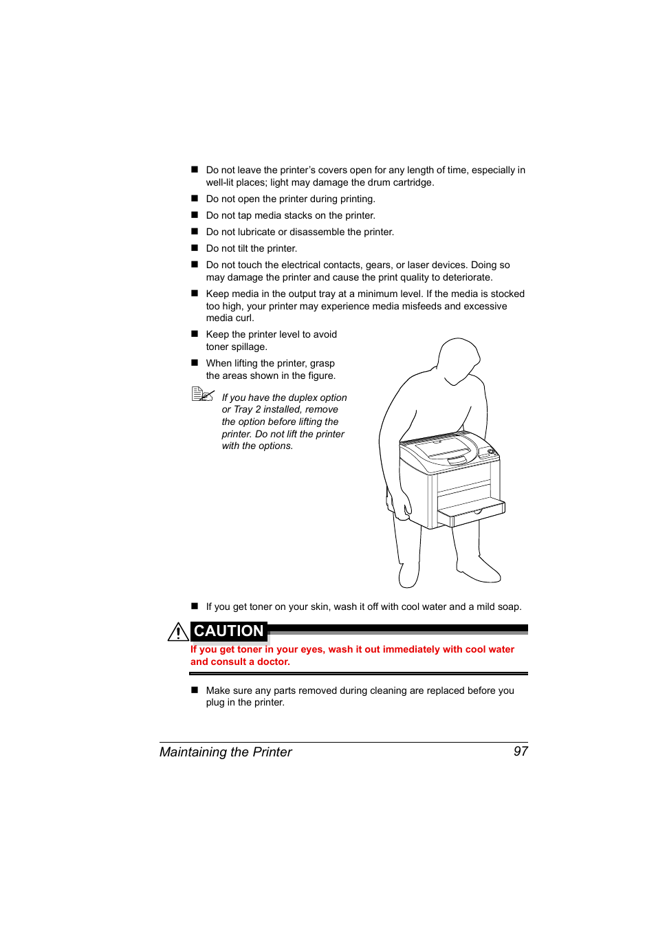 Caution, Maintaining the printer 97 | Konica Minolta Magicolor 2550 User Manual | Page 111 / 174