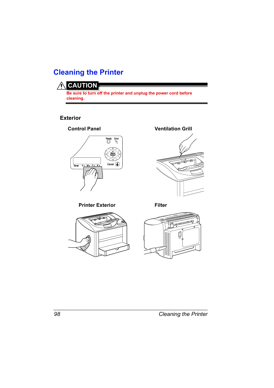 Cleaning the printer, Exterior, Cleaning the printer 98 | Caution | Konica Minolta Magicolor 2550 User Manual | Page 112 / 174