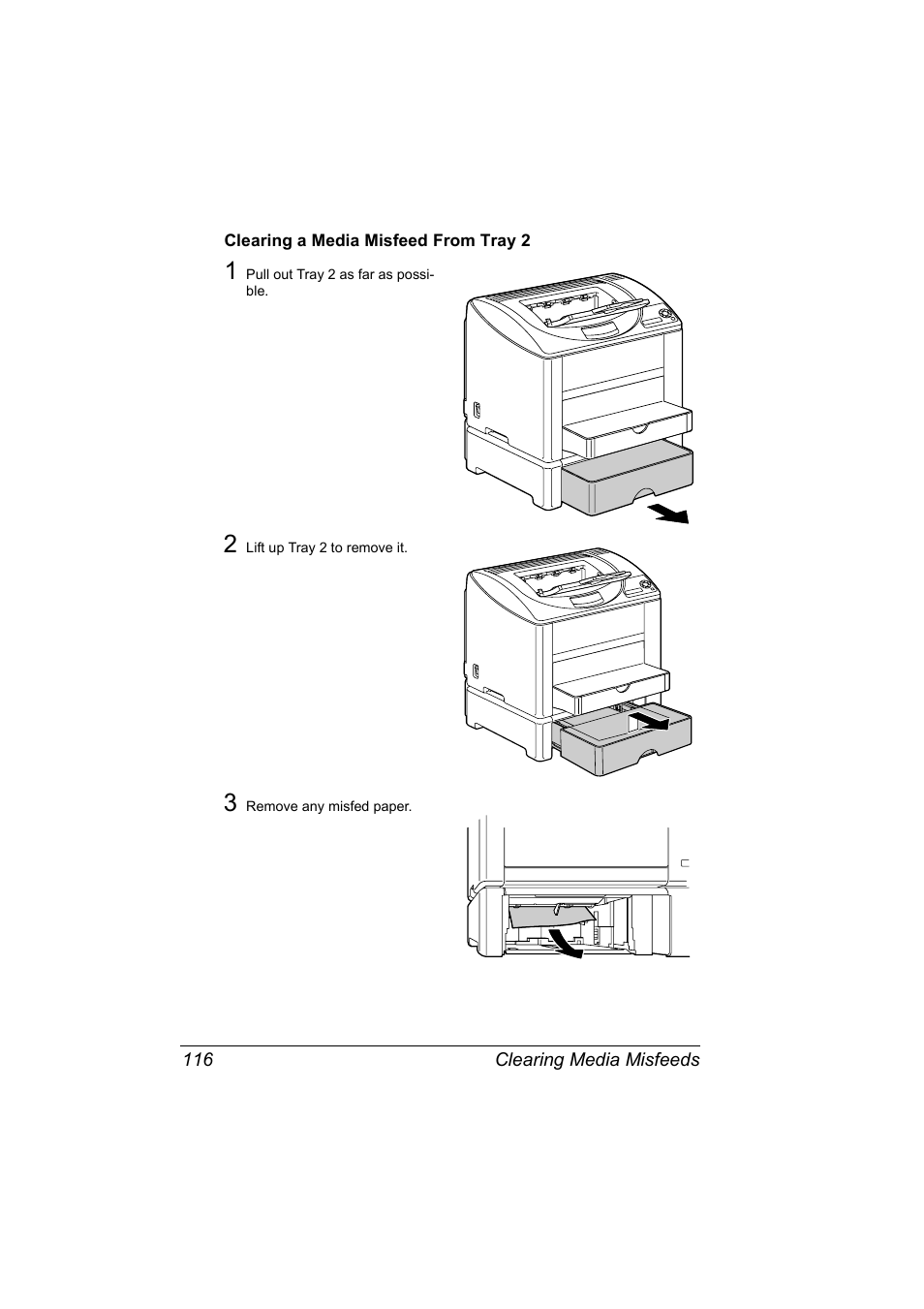 Clearing a media misfeed from tray 2, Clearing a media misfeed from tray 2 116 | Konica Minolta Magicolor 2550 User Manual | Page 130 / 174