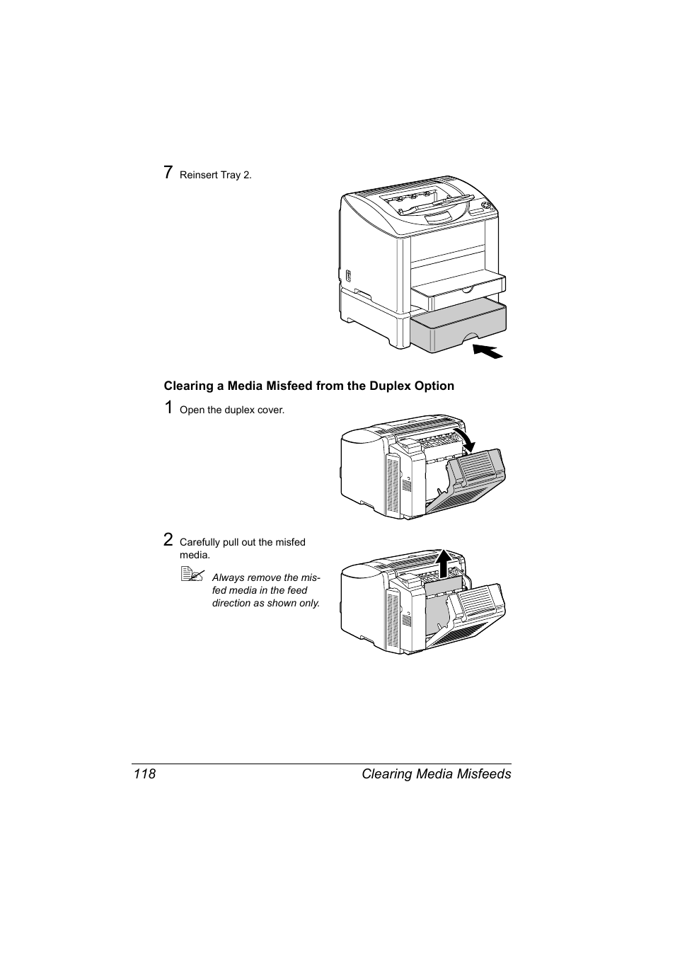 Clearing a media misfeed from the duplex option | Konica Minolta Magicolor 2550 User Manual | Page 132 / 174