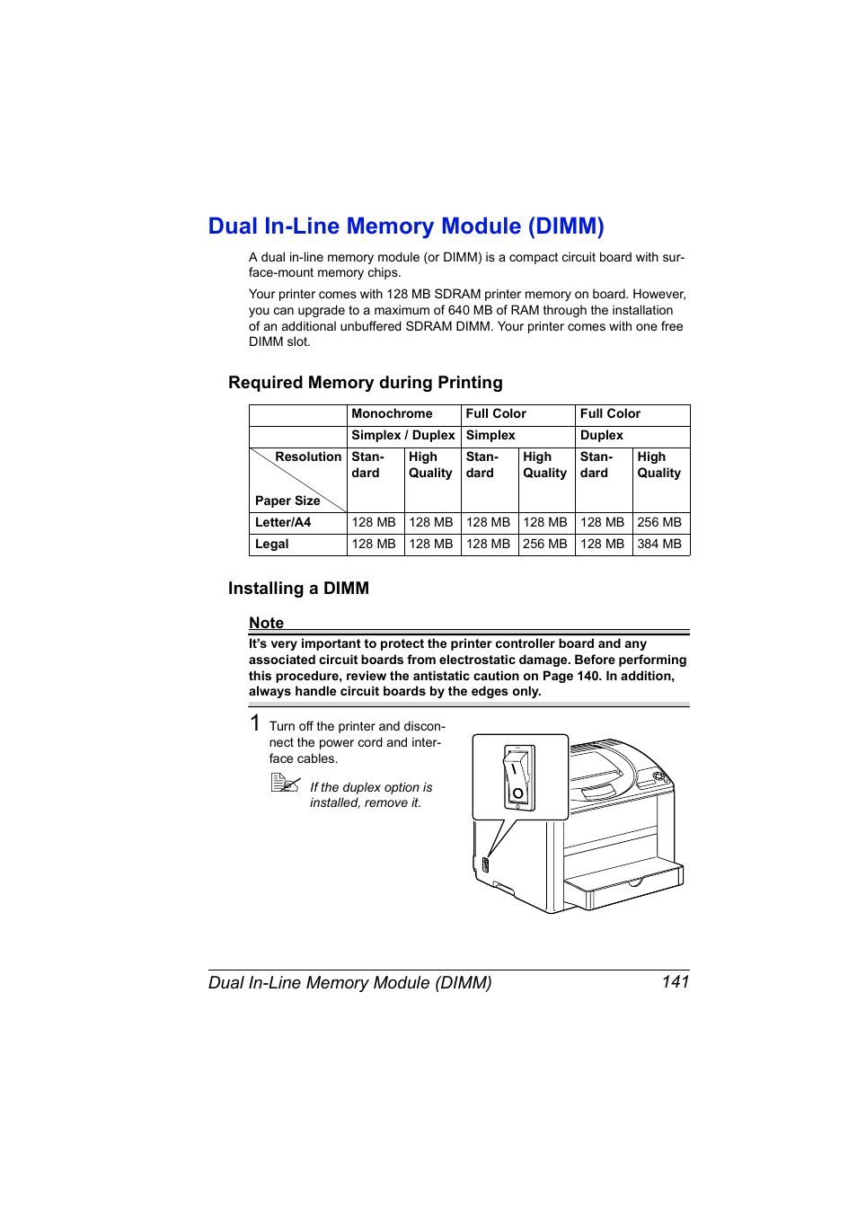 Dual in-line memory module (dimm), Required memory during printing, Installing a dimm | Dual in-line memory module (dimm) 141 | Konica Minolta Magicolor 2550 User Manual | Page 155 / 174