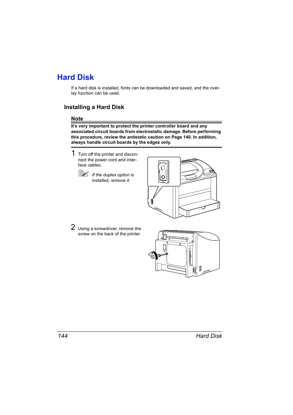 Hard disk, Installing a hard disk, Hard disk 144 | Installing a hard disk 144 | Konica Minolta Magicolor 2550 User Manual | Page 158 / 174