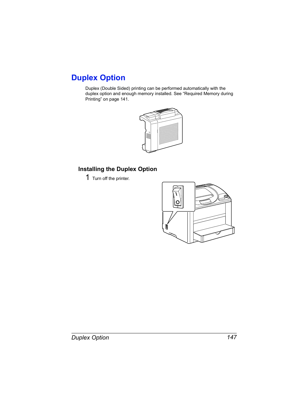 Duplex option, Installing the duplex option, Duplex option 147 | Installing the duplex option 147 | Konica Minolta Magicolor 2550 User Manual | Page 161 / 174