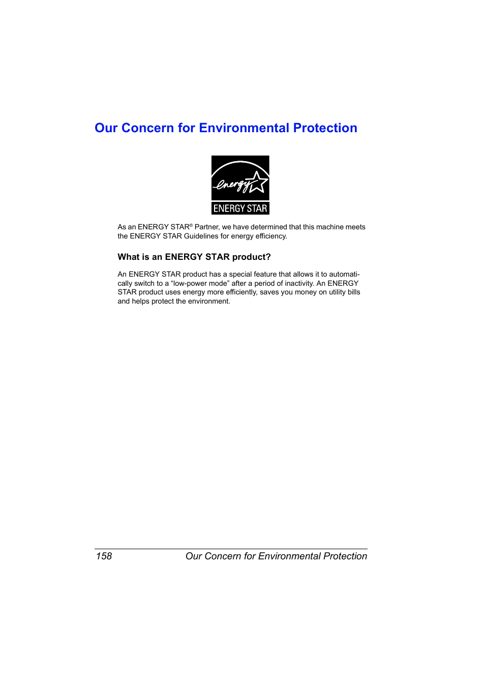 Our concern for environmental protection, What is an energy star product, Our concern for environmental protection 158 | What is an energy star product? 158 | Konica Minolta Magicolor 2550 User Manual | Page 172 / 174