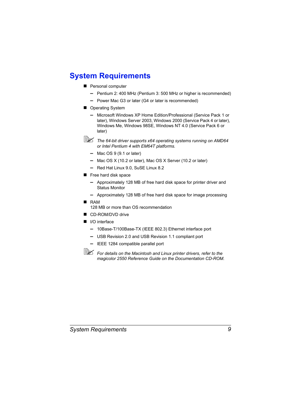 System requirements, System requirements 9 | Konica Minolta Magicolor 2550 User Manual | Page 23 / 174