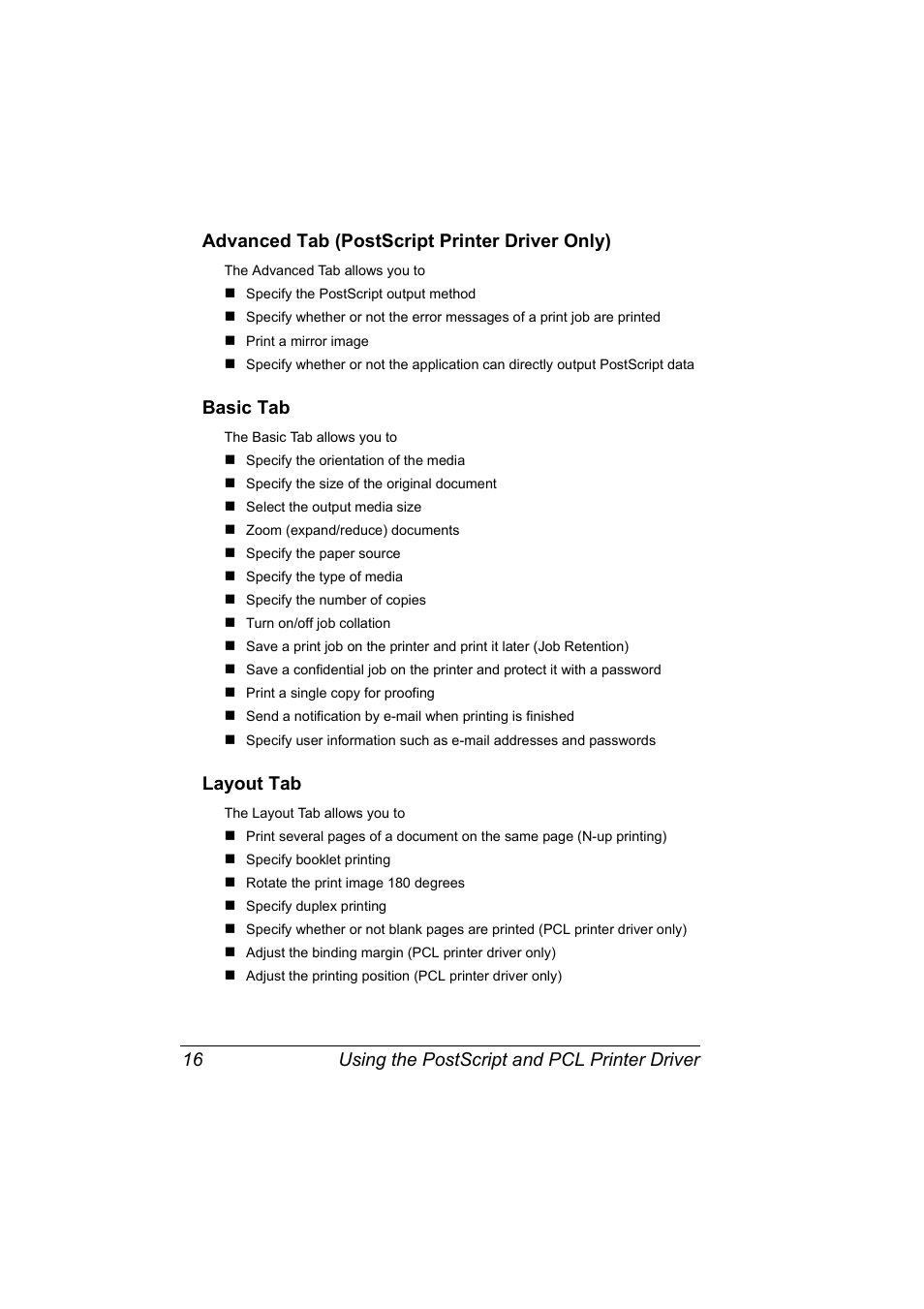 Advanced tab (postscript printer driver only), Basic tab, Layout tab | Konica Minolta Magicolor 2550 User Manual | Page 30 / 174