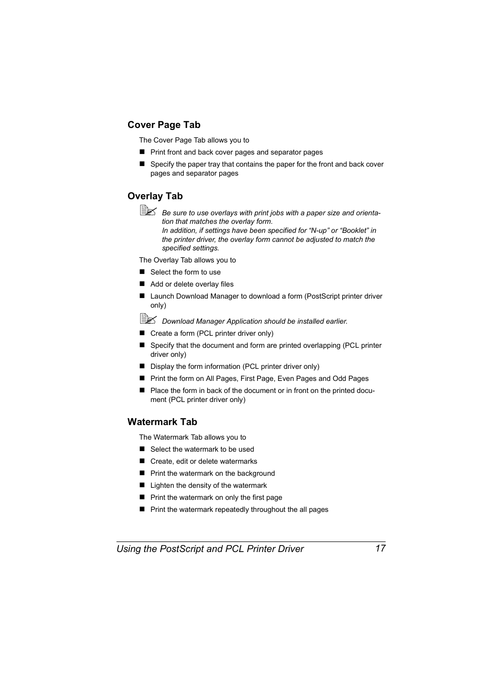 Overlay tab, Watermark tab | Konica Minolta Magicolor 2550 User Manual | Page 31 / 174