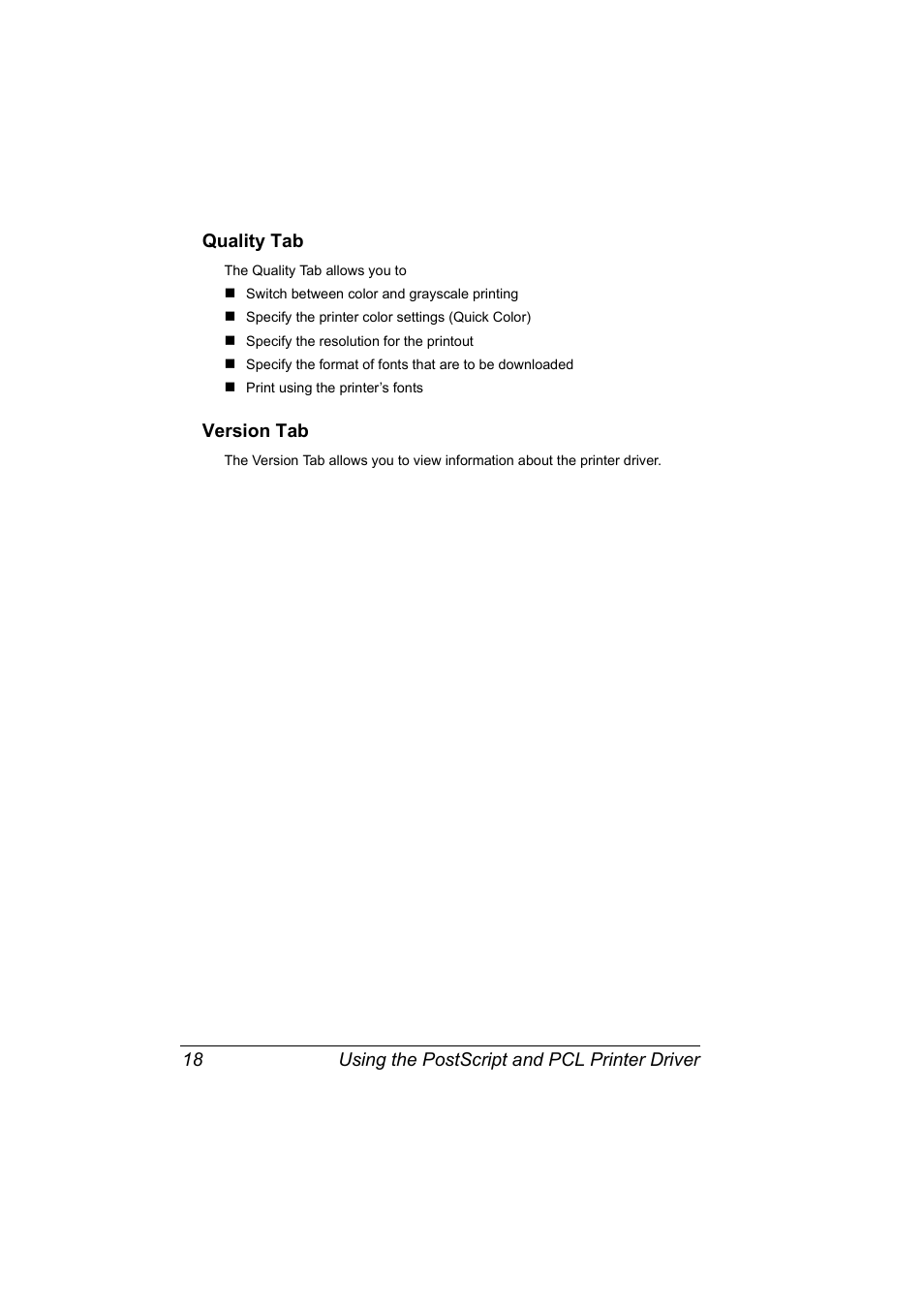 Quality tab, Version tab, Quality tab 18 version tab 18 | Konica Minolta Magicolor 2550 User Manual | Page 32 / 174