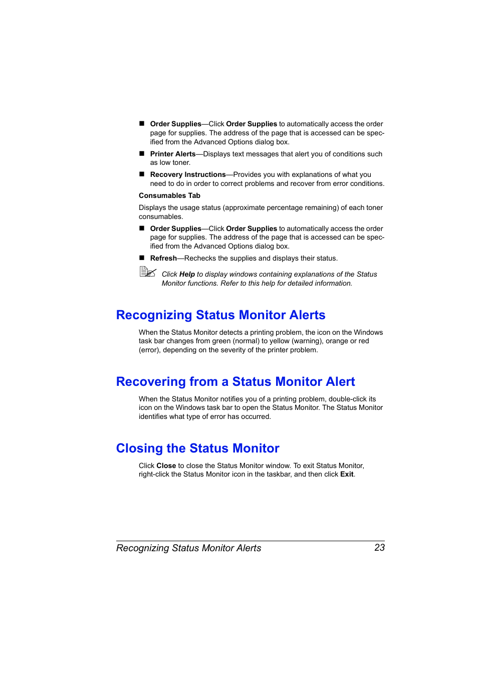 Recognizing status monitor alerts, Recovering from a status monitor alert, Closing the status monitor | Konica Minolta Magicolor 2550 User Manual | Page 37 / 174