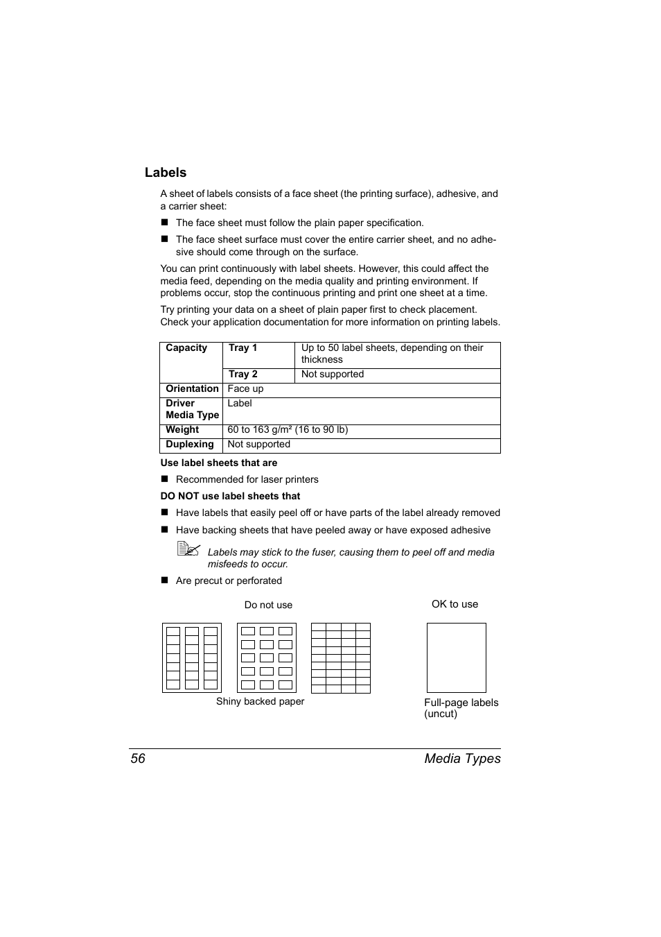 Labels, Labels 56, Media types 56 labels | Konica Minolta Magicolor 2550 User Manual | Page 70 / 174