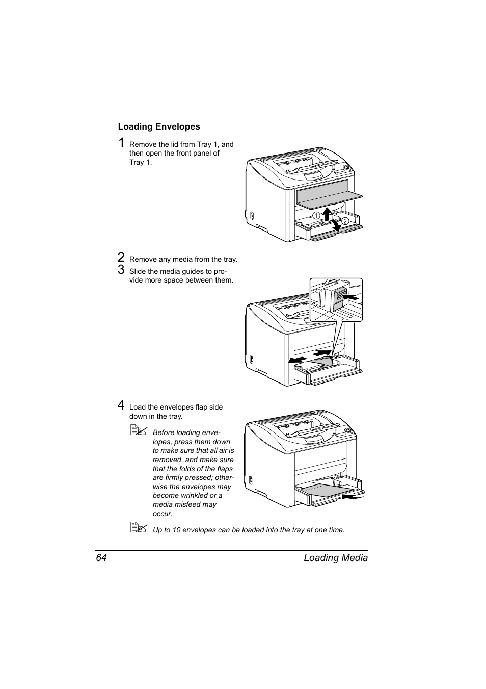 Loading envelopes, Loading envelopes 64 | Konica Minolta Magicolor 2550 User Manual | Page 78 / 174
