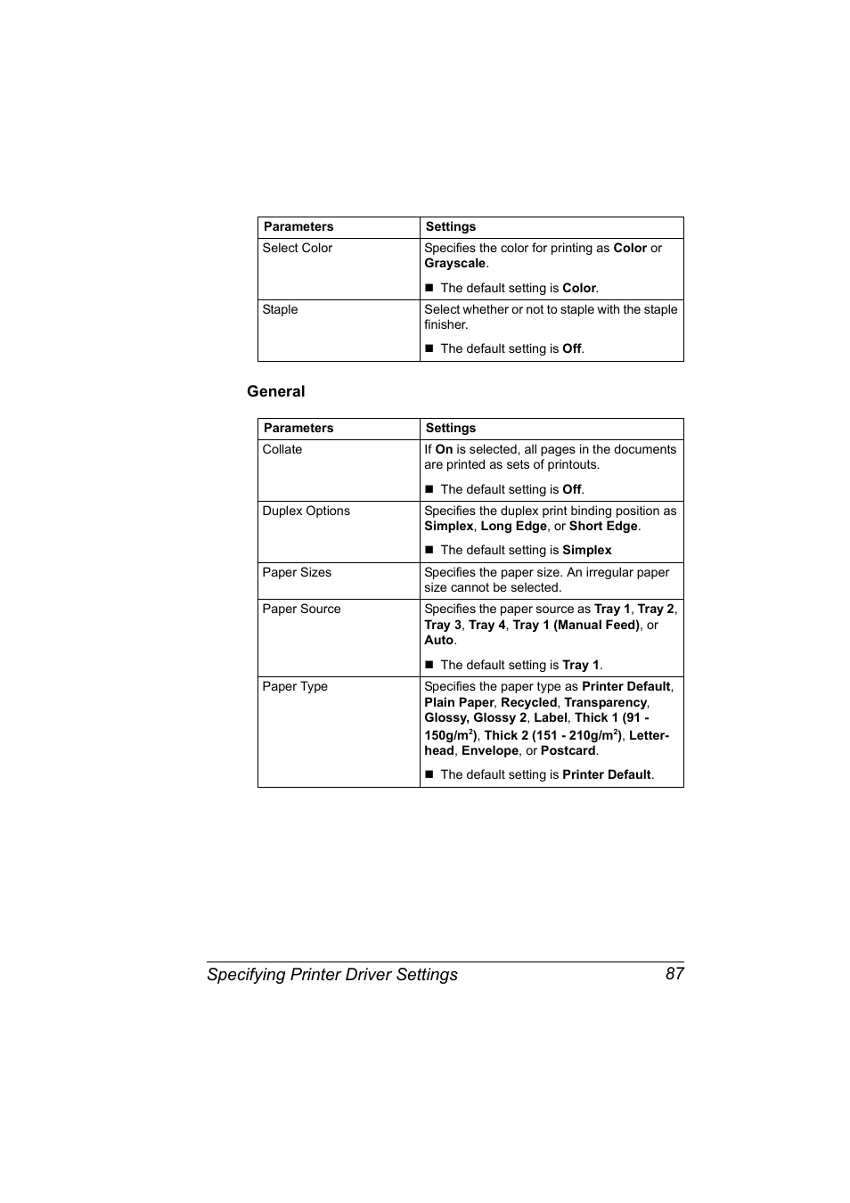 General, General 87, Specifying printer driver settings 87 | Konica Minolta BIZHUB C30P User Manual | Page 105 / 292