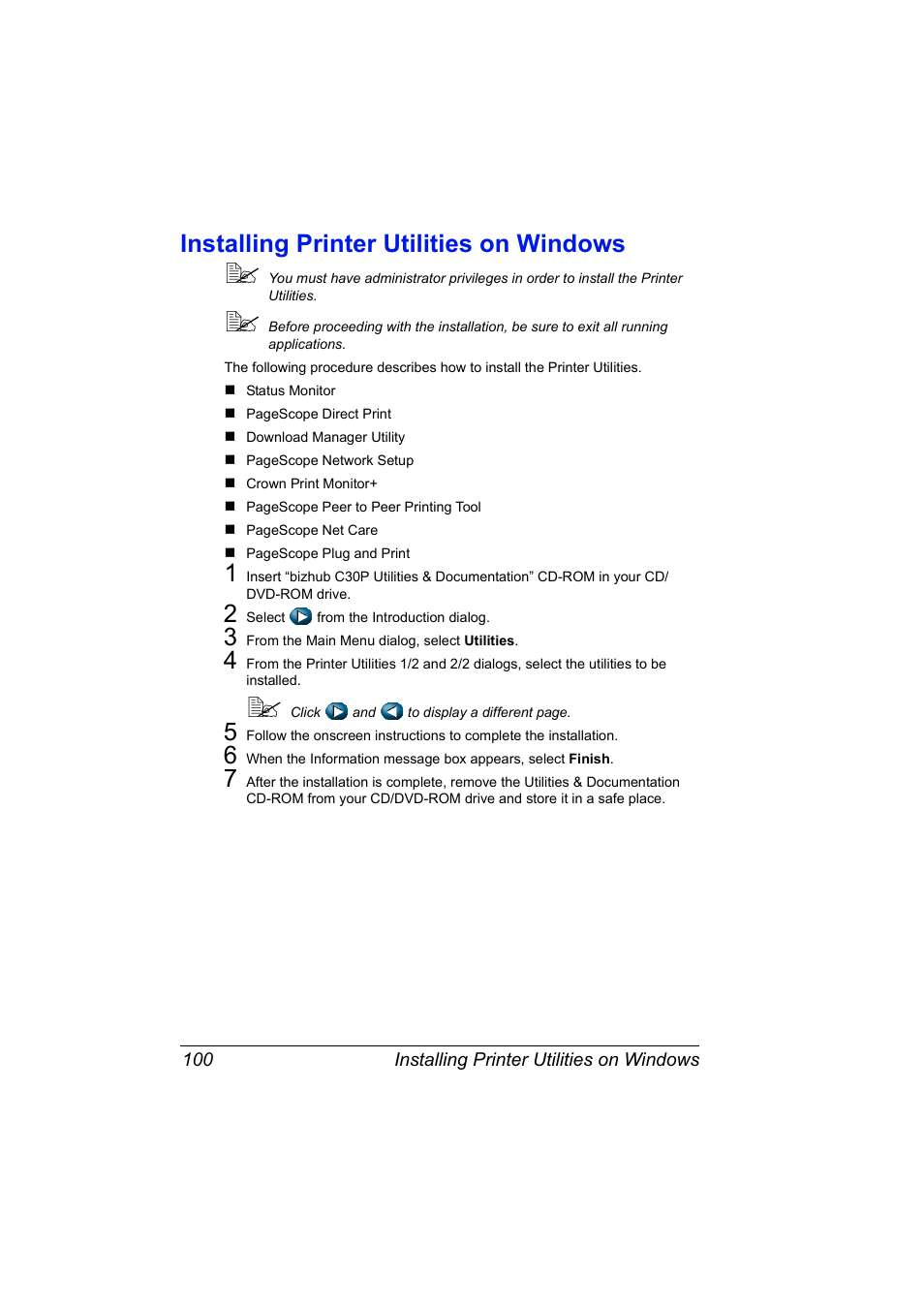 Installing printer utilities on windows, Installing printer utilities on windows 100 | Konica Minolta BIZHUB C30P User Manual | Page 118 / 292