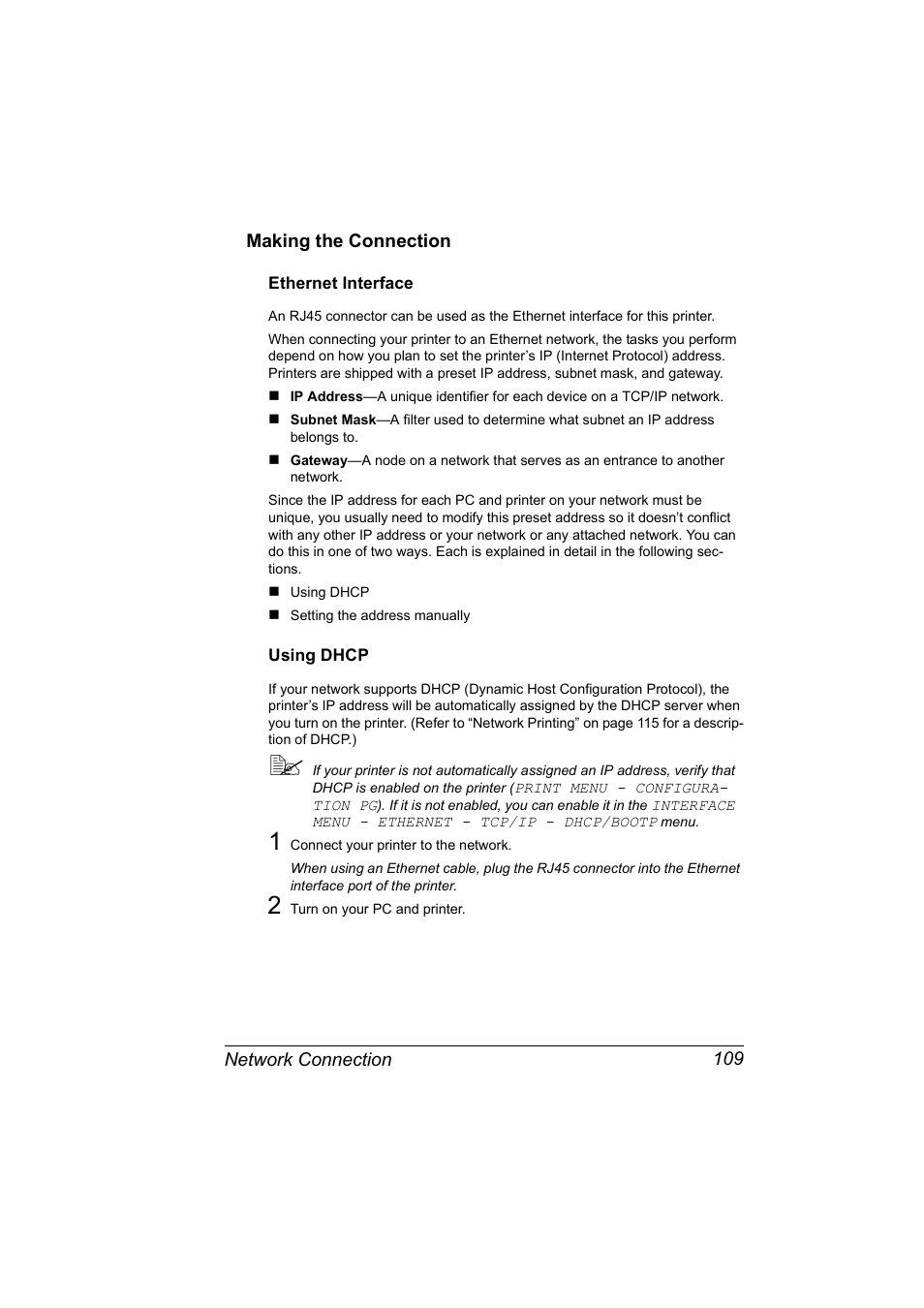 Making the connection, Ethernet interface, Using dhcp | Making the connection 109, Ethernet interface 109 using dhcp 109 | Konica Minolta BIZHUB C30P User Manual | Page 127 / 292