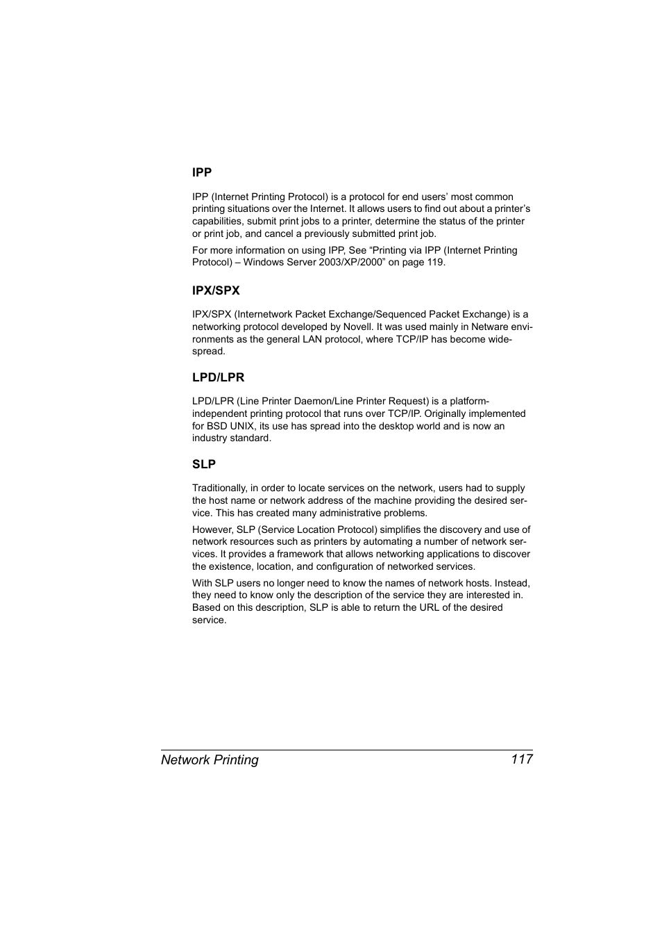 Ipx/spx, Lpd/lpr, Ipp 117 ipx/spx 117 lpd/lpr 117 slp 117 | Konica Minolta BIZHUB C30P User Manual | Page 135 / 292
