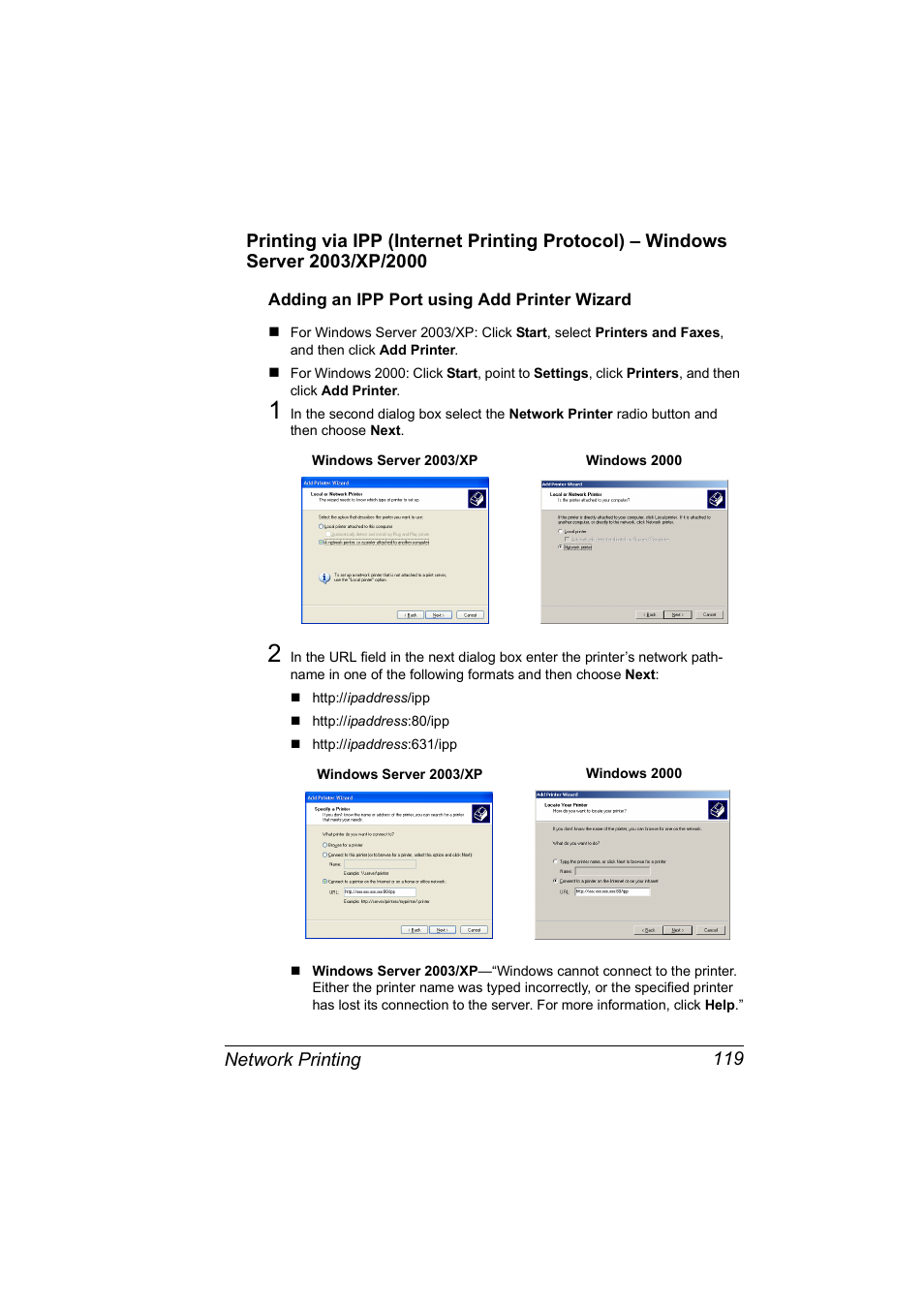 Adding an ipp port using add printer wizard, Adding an ipp port using add printer wizard 119 | Konica Minolta BIZHUB C30P User Manual | Page 137 / 292