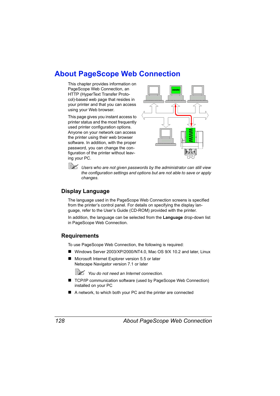 Display language, Requirements, Display language 128 requirements 128 | About pagescope web connection | Konica Minolta BIZHUB C30P User Manual | Page 146 / 292