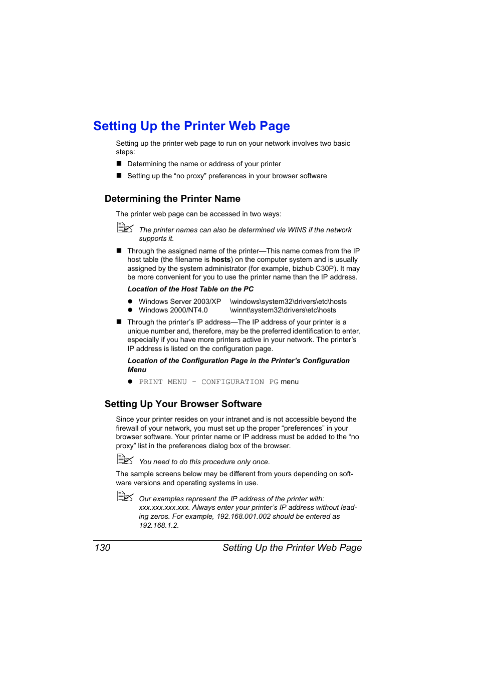 Determining the printer name, Setting up your browser software, Setting up the printer web page | Konica Minolta BIZHUB C30P User Manual | Page 148 / 292