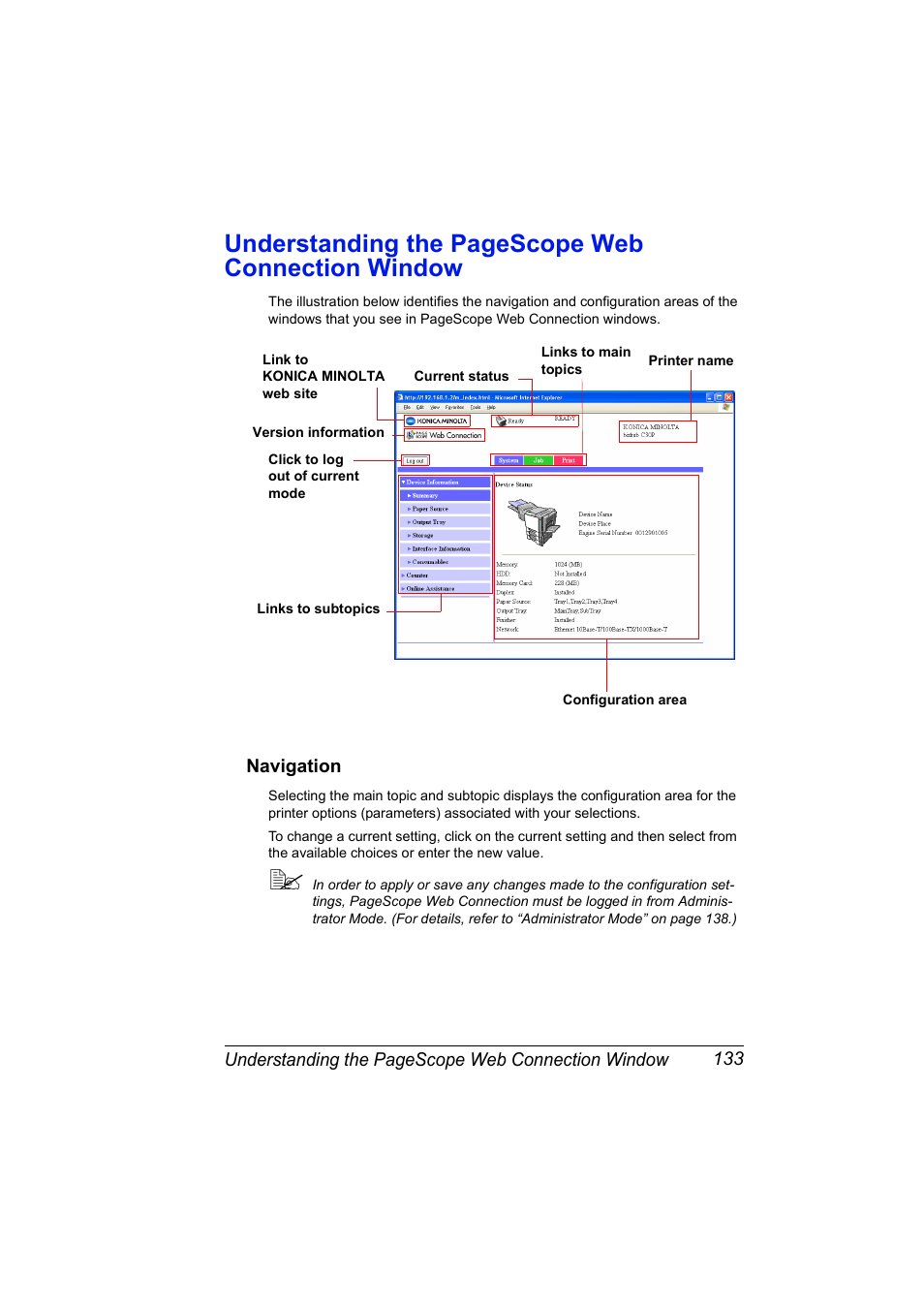 Navigation, Navigation 133, Understanding the pagescope web connection window | Konica Minolta BIZHUB C30P User Manual | Page 151 / 292