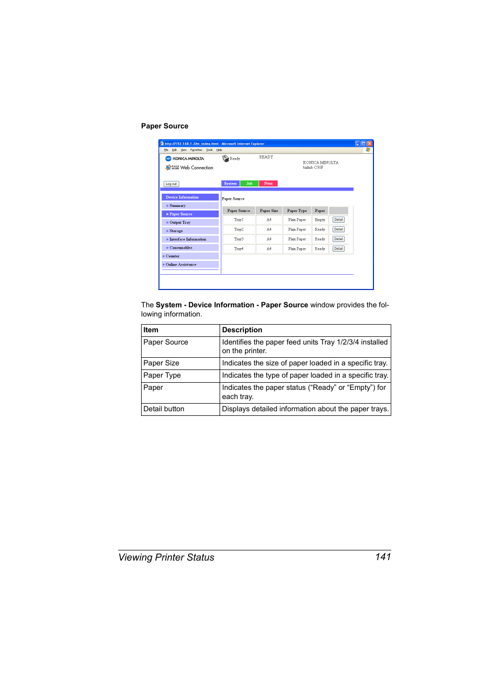 Viewing printer status 141 | Konica Minolta BIZHUB C30P User Manual | Page 159 / 292