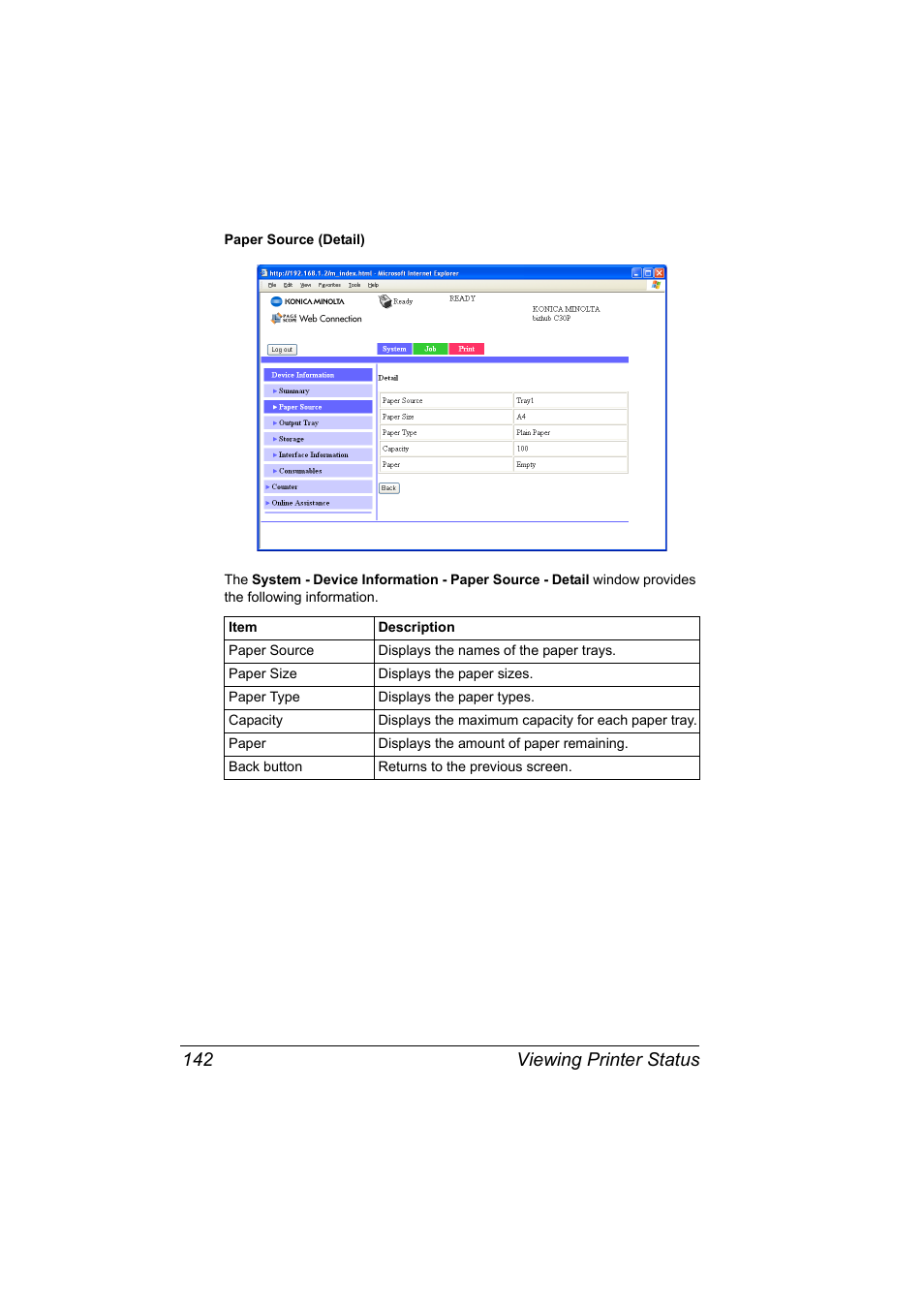 Viewing printer status 142 | Konica Minolta BIZHUB C30P User Manual | Page 160 / 292