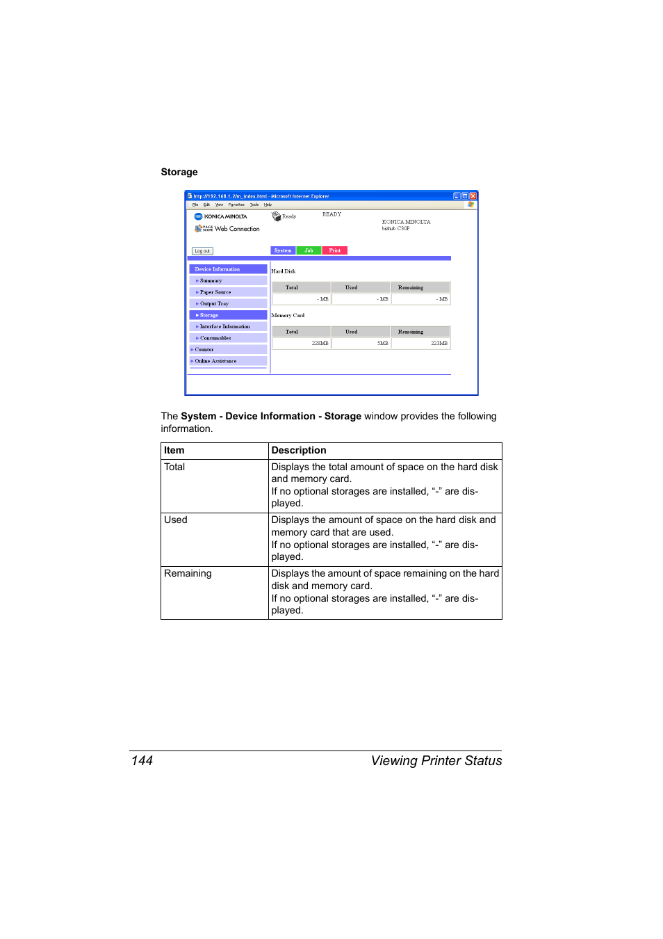 Viewing printer status 144 | Konica Minolta BIZHUB C30P User Manual | Page 162 / 292